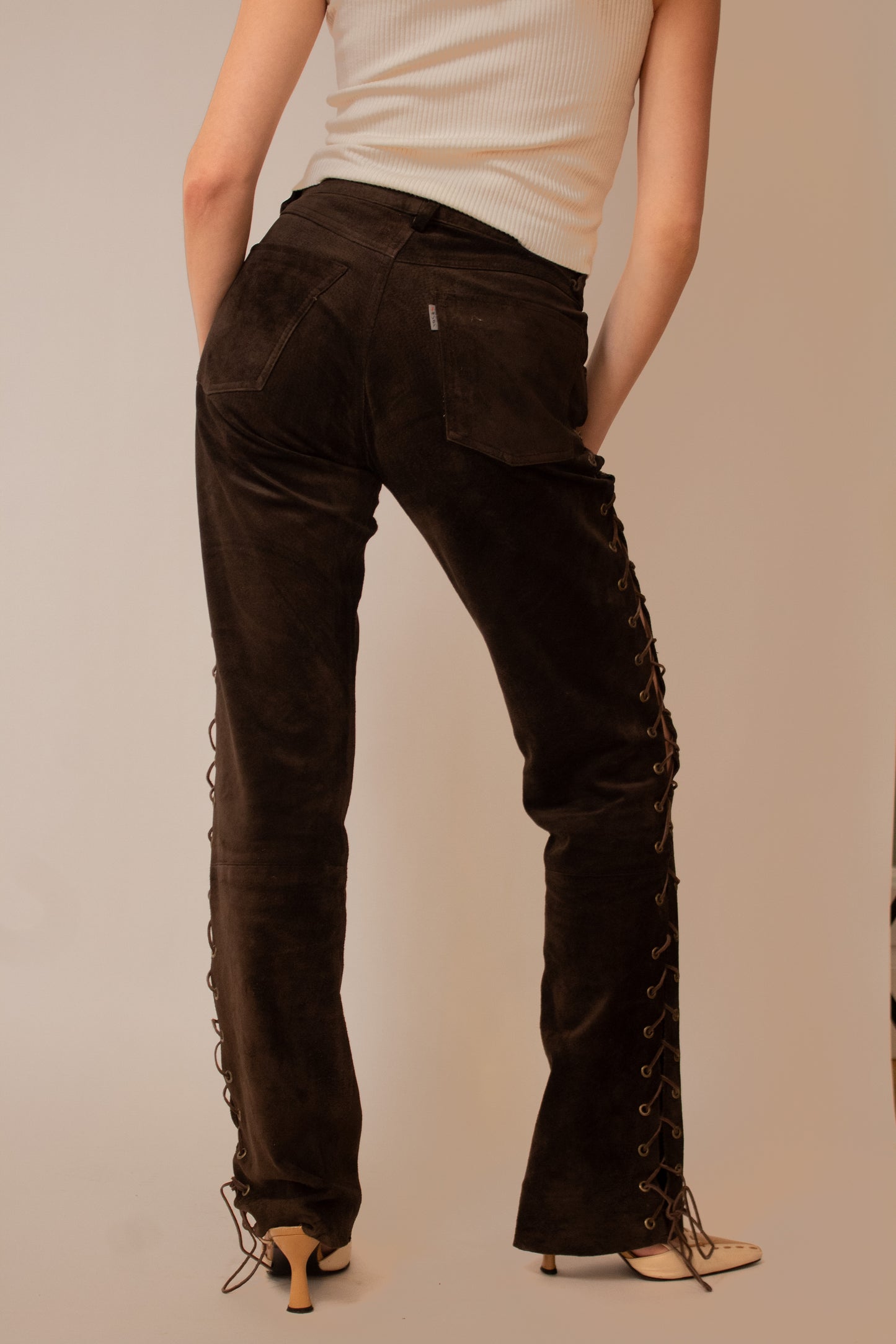 Dark brown suede lace detailed pants