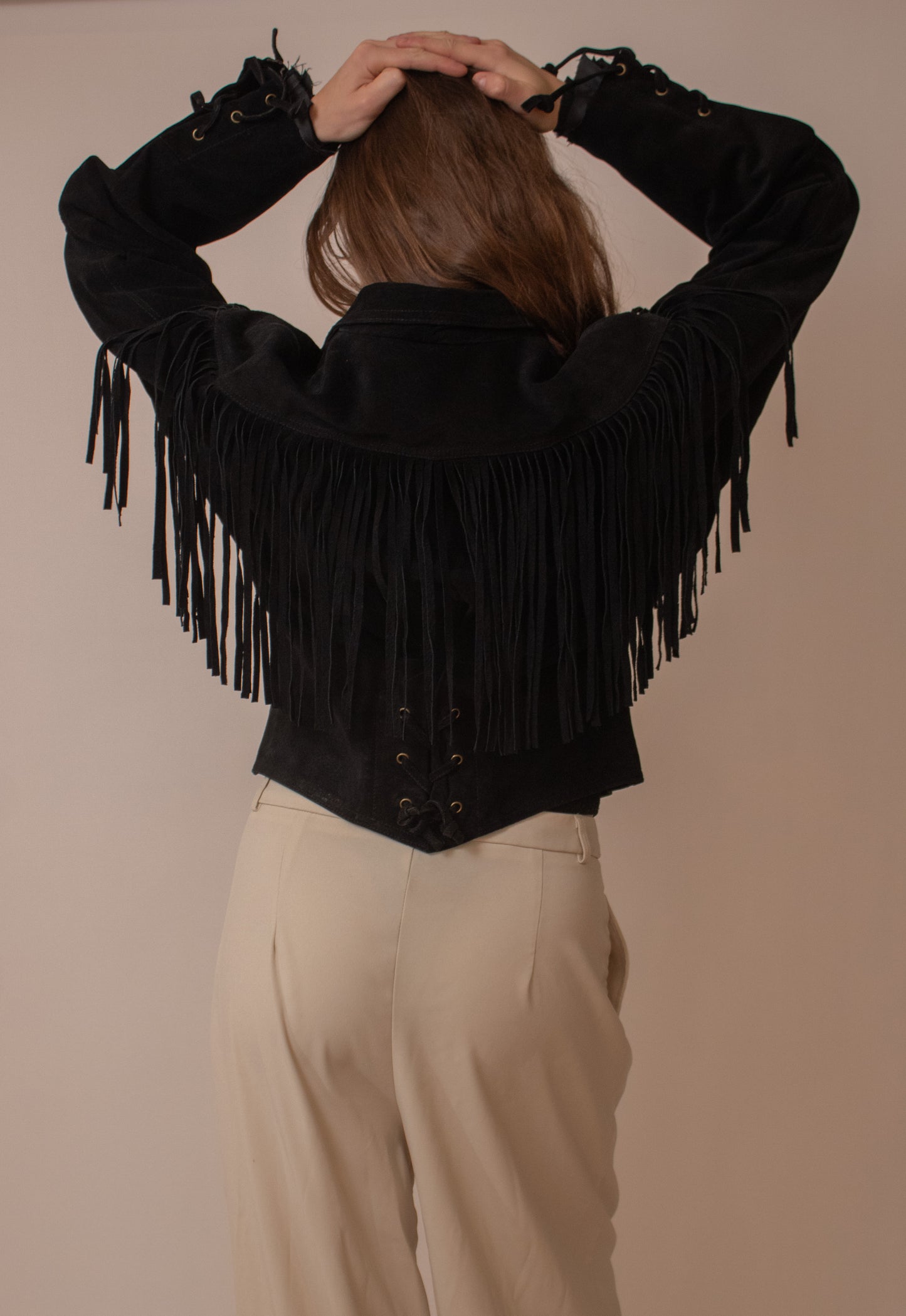 Black cropped suede fringe jacket