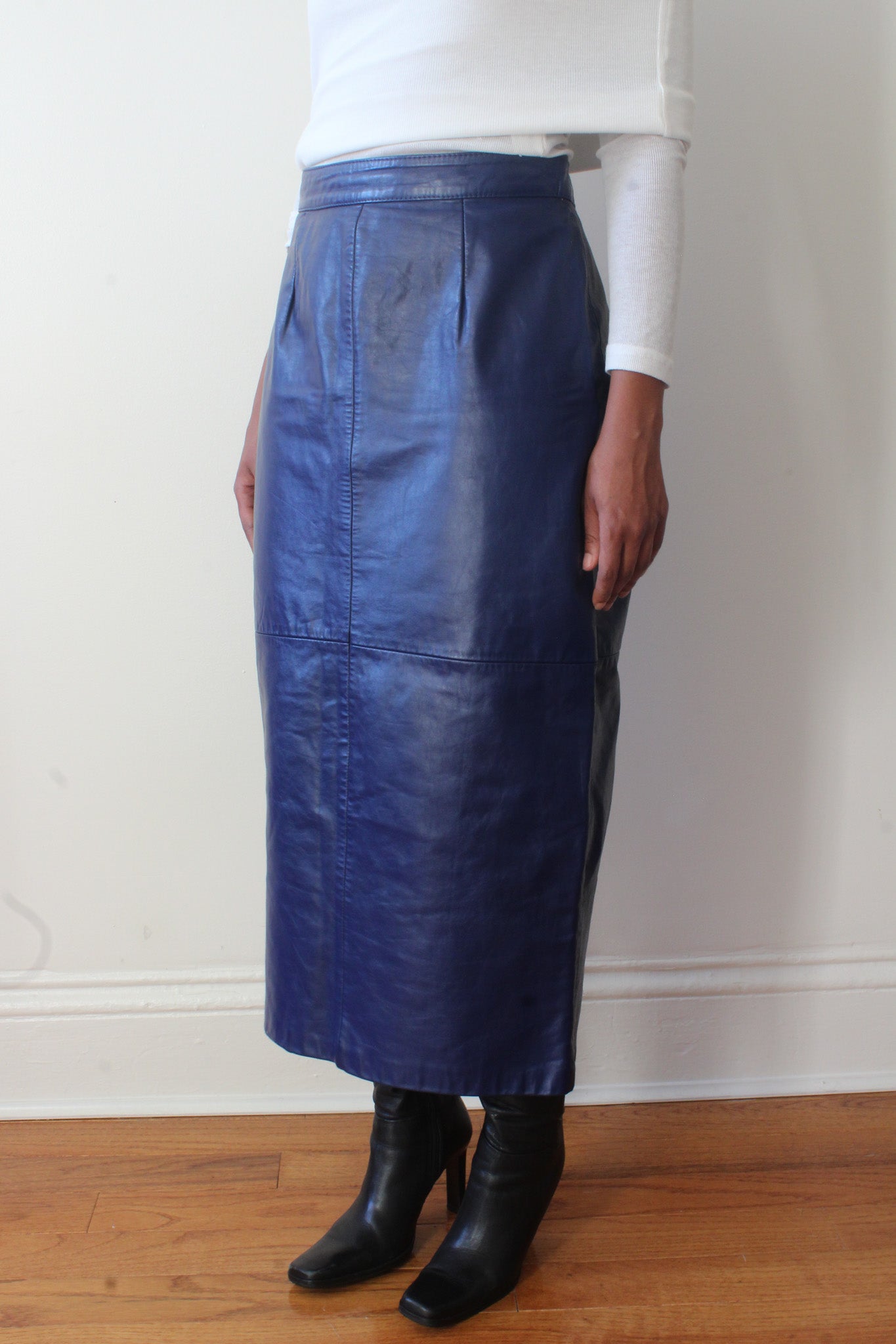 Blue leather skirt