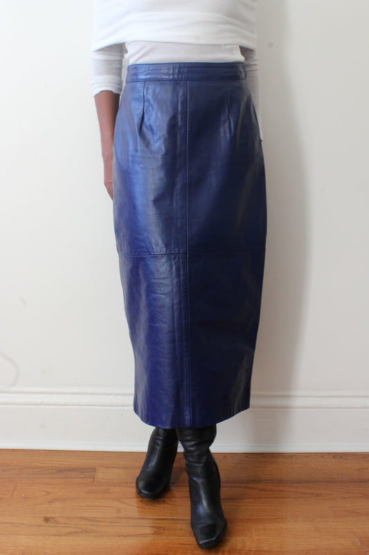 Blue leather skirt