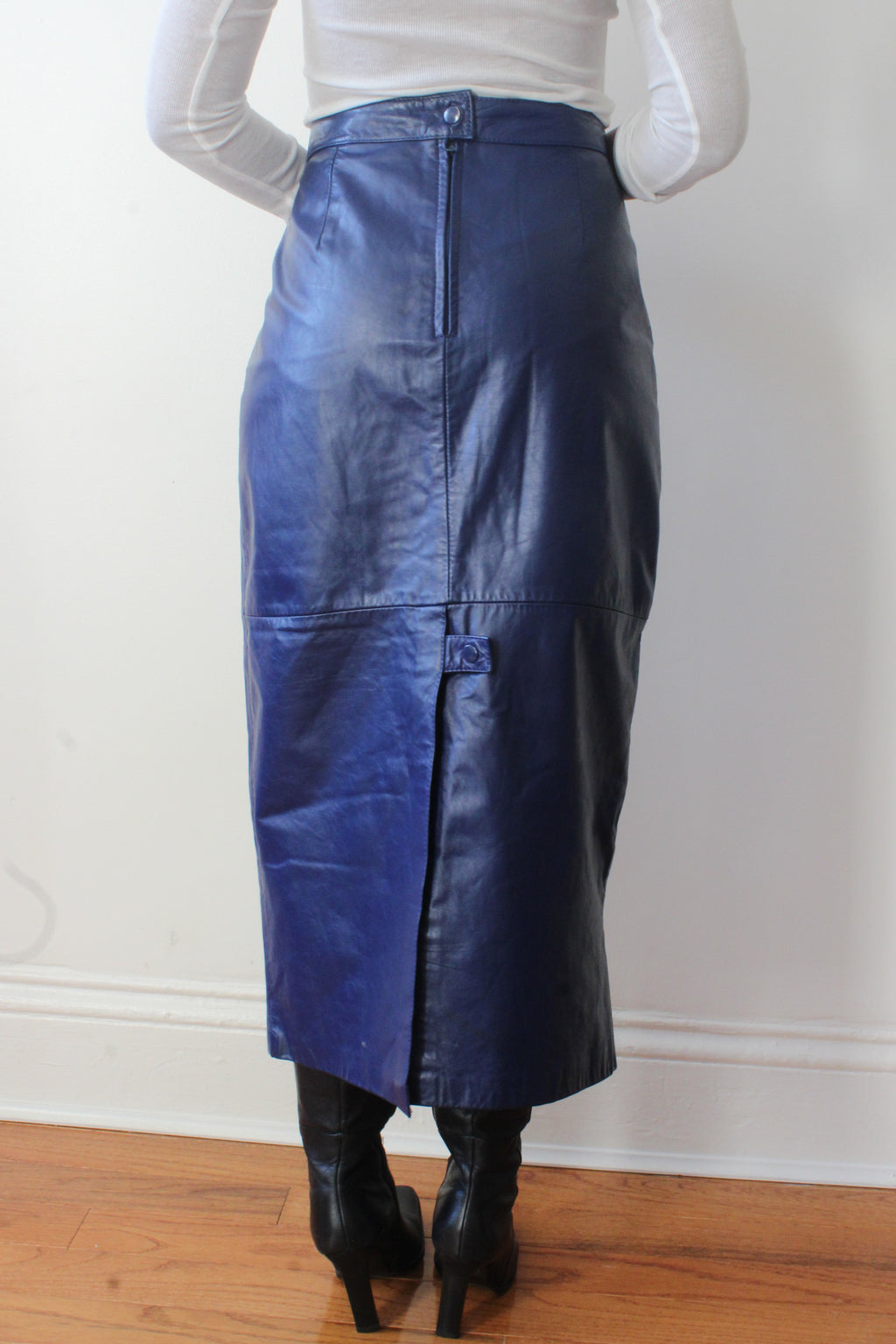 Blue leather skirt