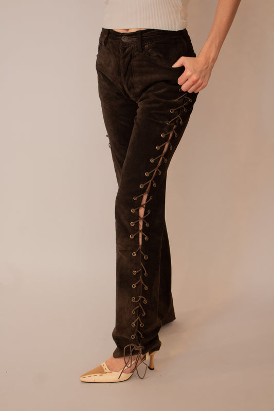 Dark brown suede lace detailed pants