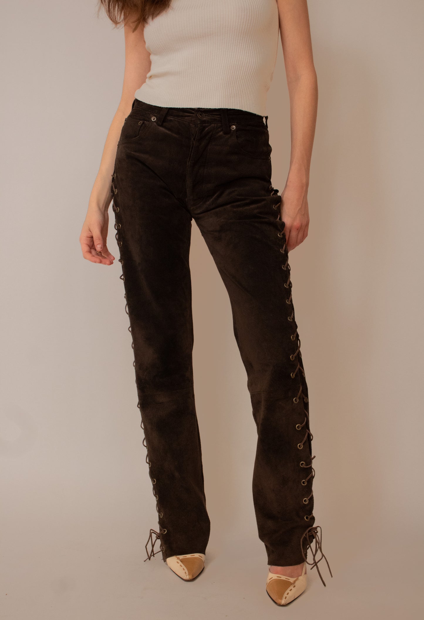 Dark brown suede lace detailed pants
