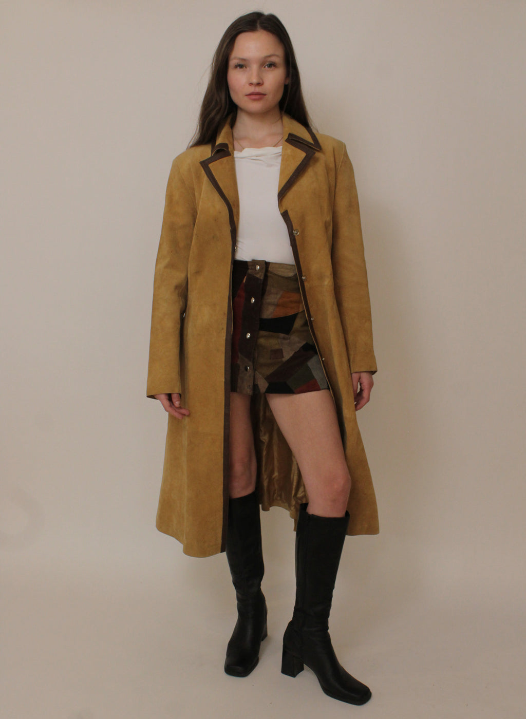 Tan suede leather trim trench coat
