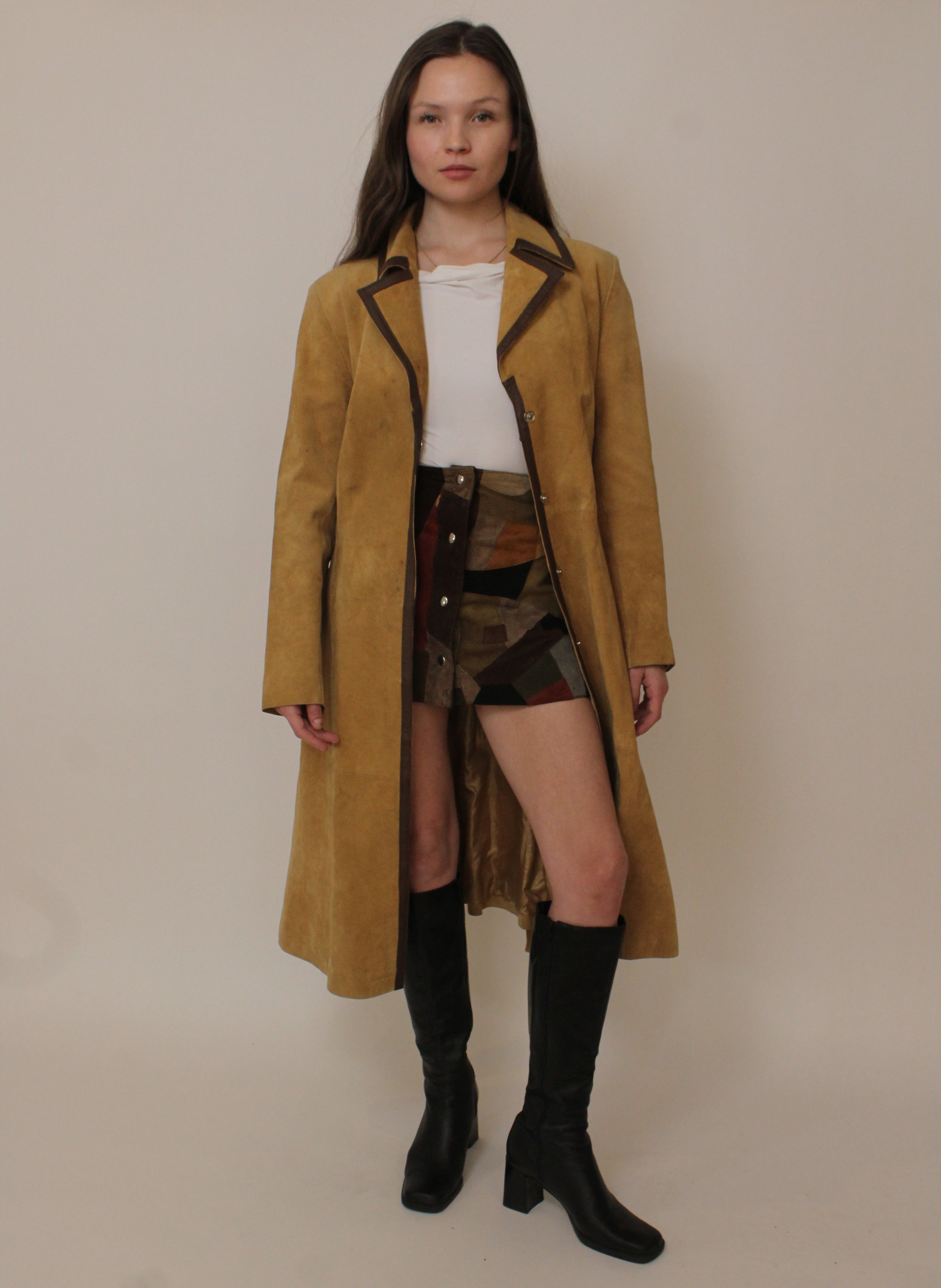 Tan suede leather trim trench coat