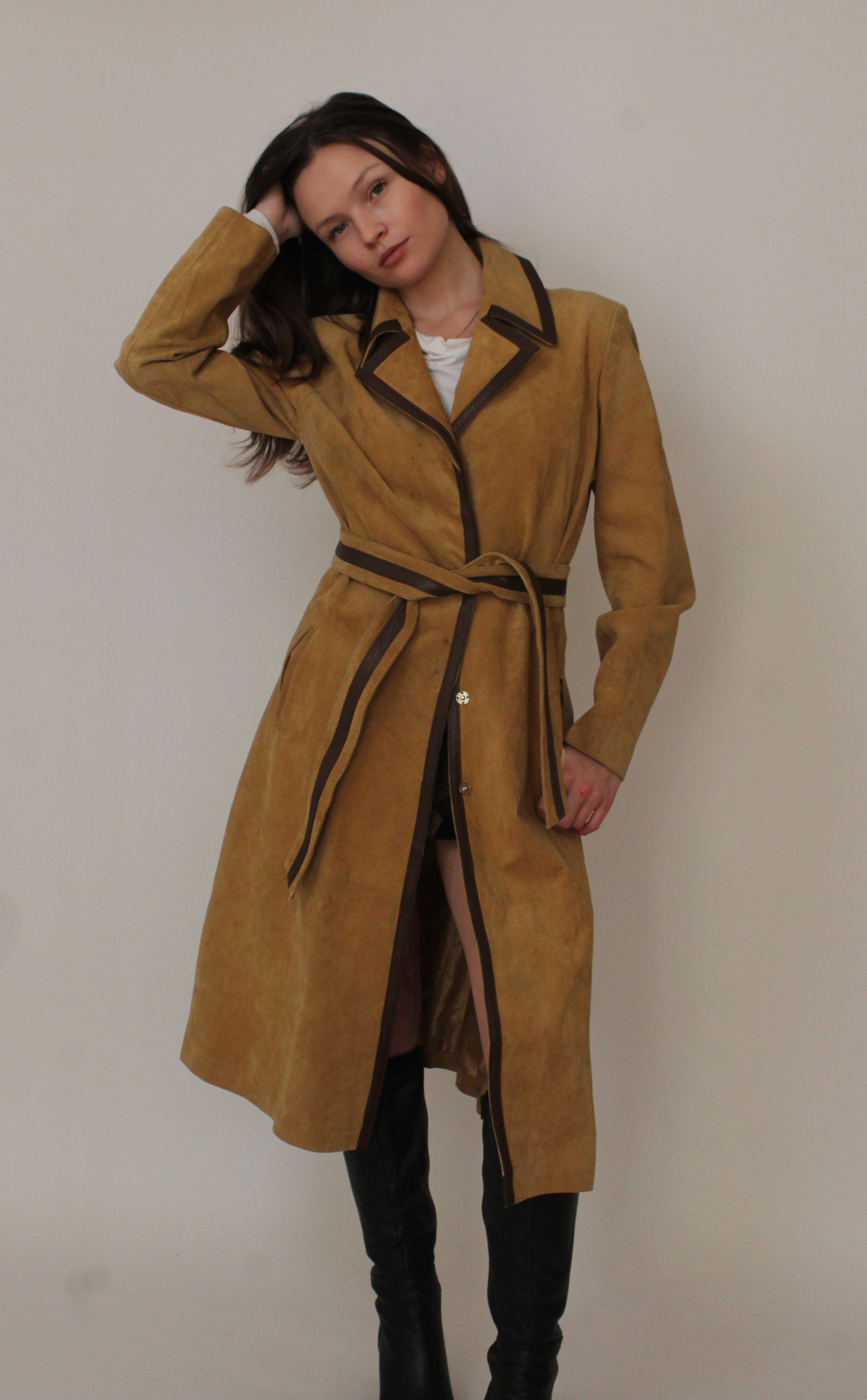 Tan suede leather trim trench coat