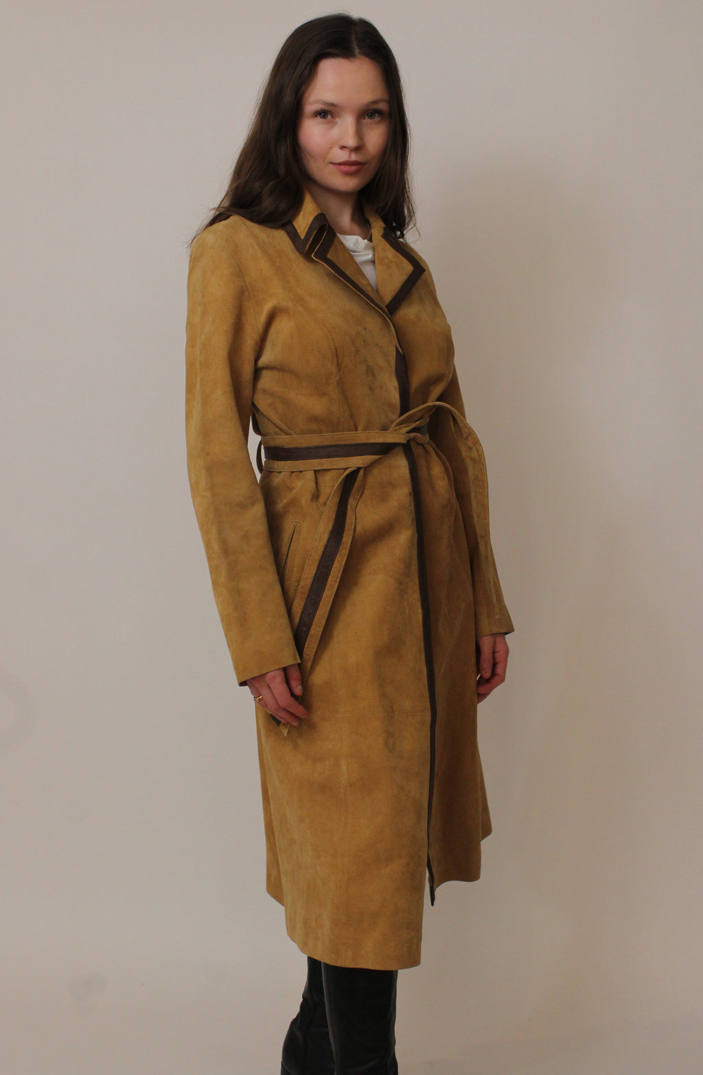 Tan suede leather trim trench coat