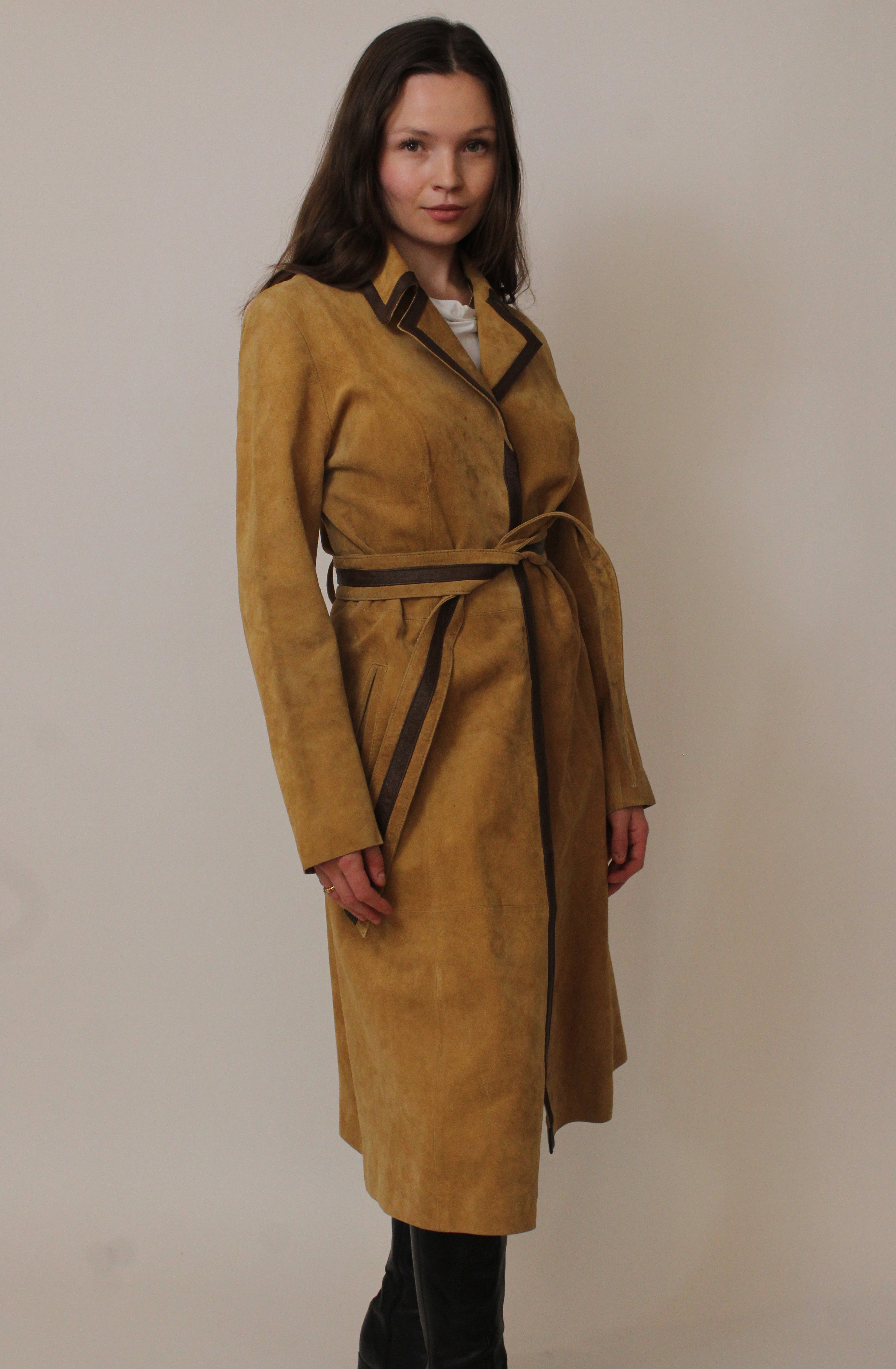 Tan suede leather trim trench coat