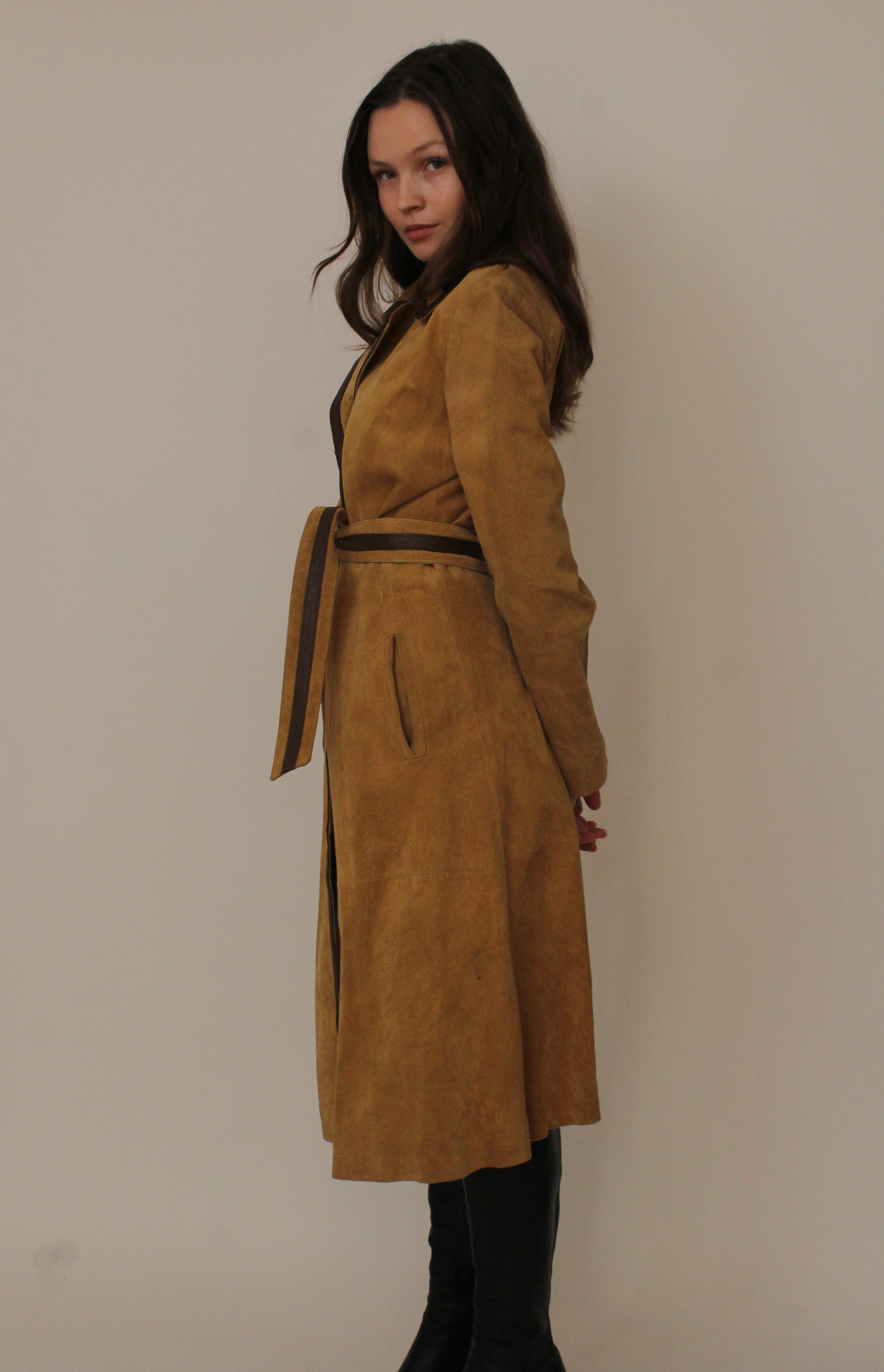 Tan suede leather trim trench coat