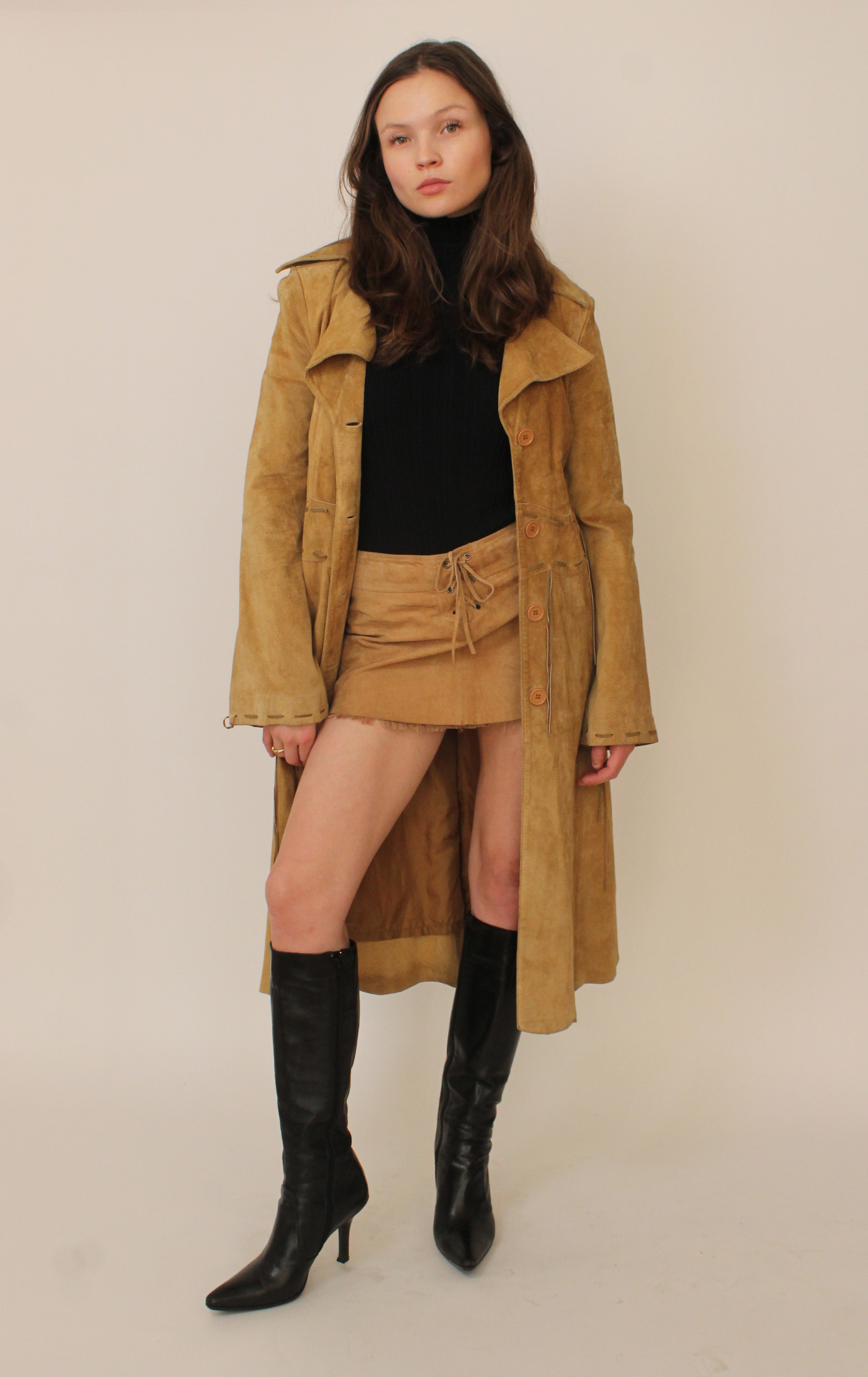 Tan suede detailed trench coat