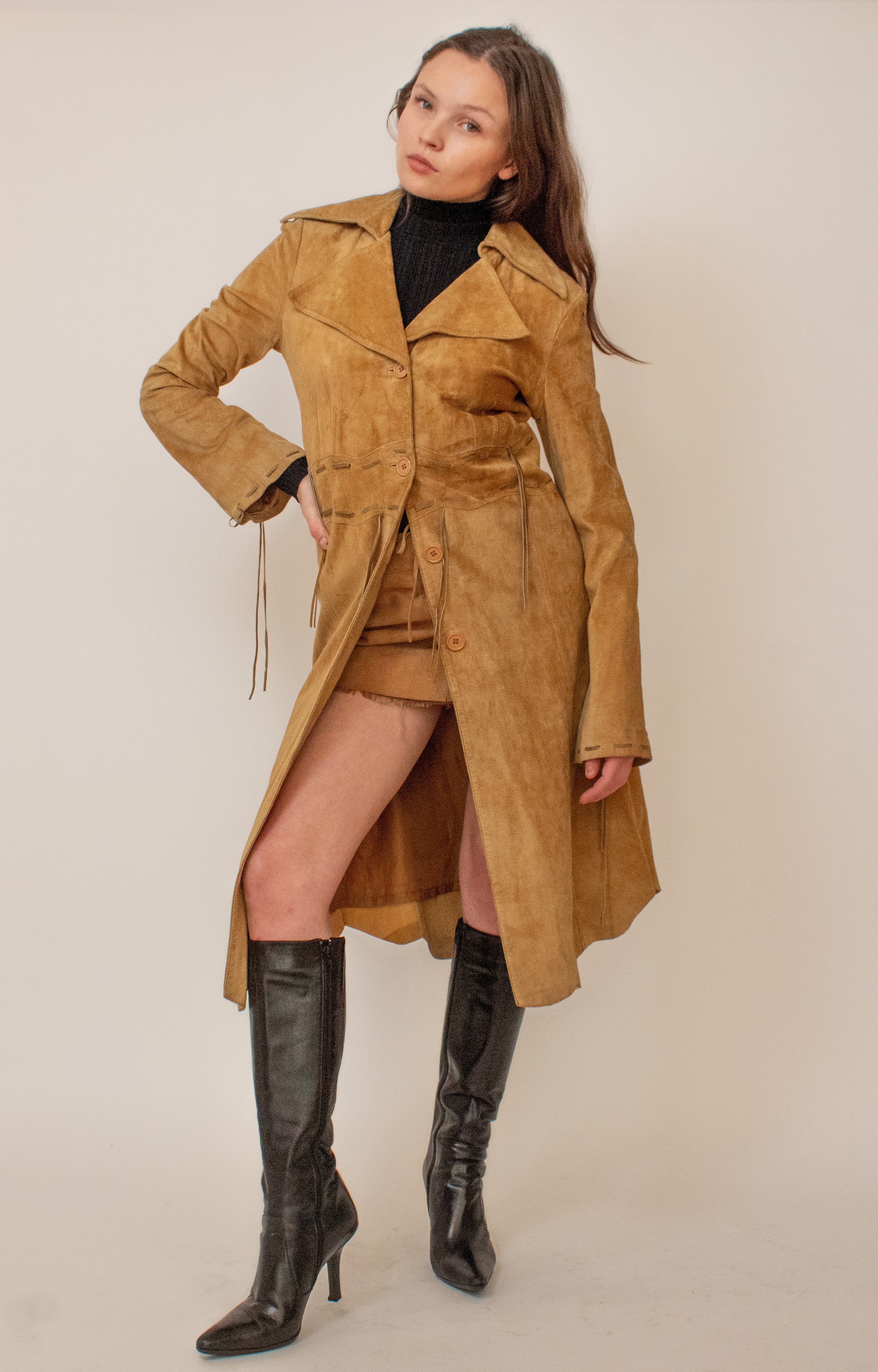 Tan suede detailed trench coat
