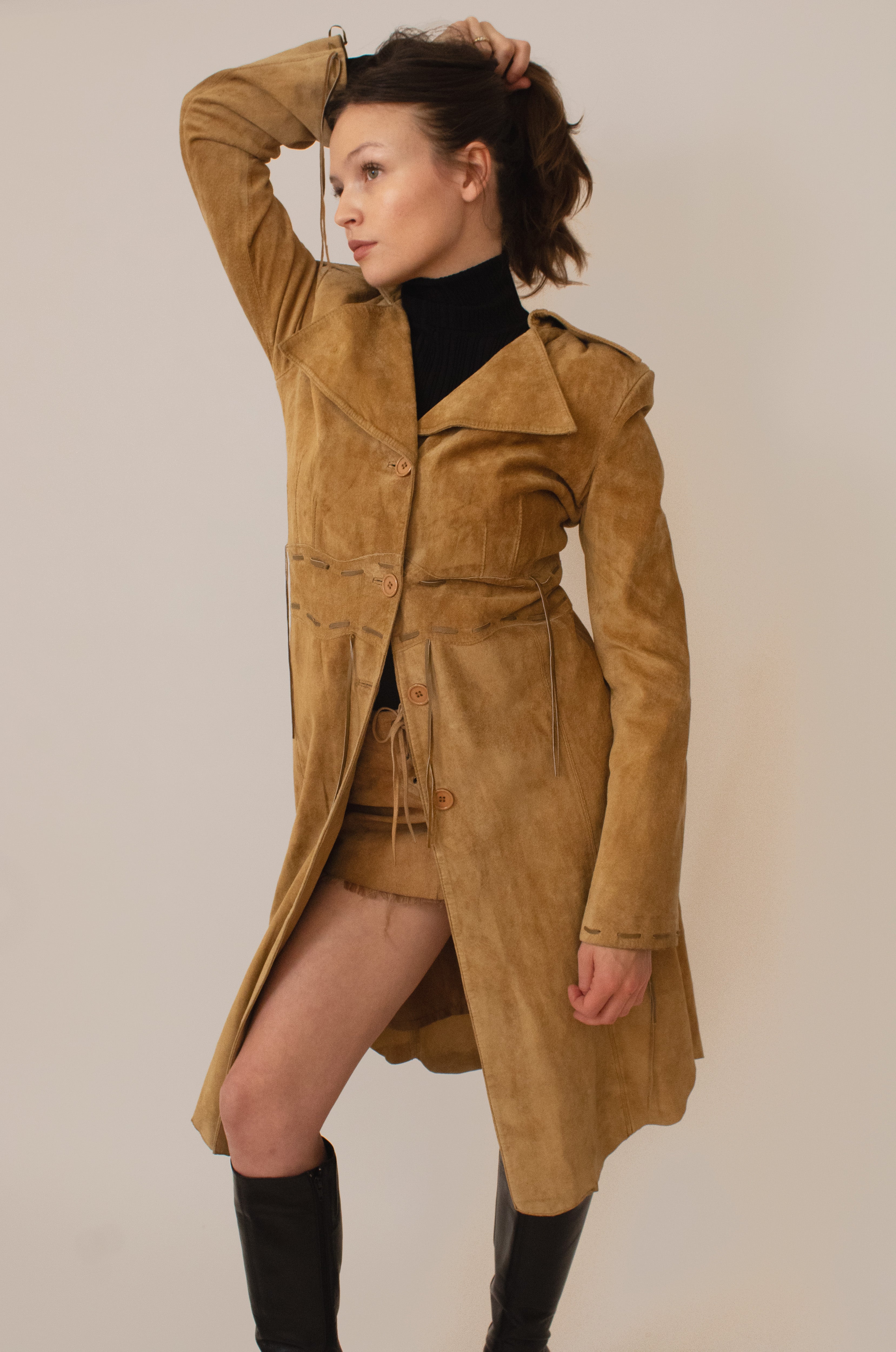 Tan suede detailed trench coat