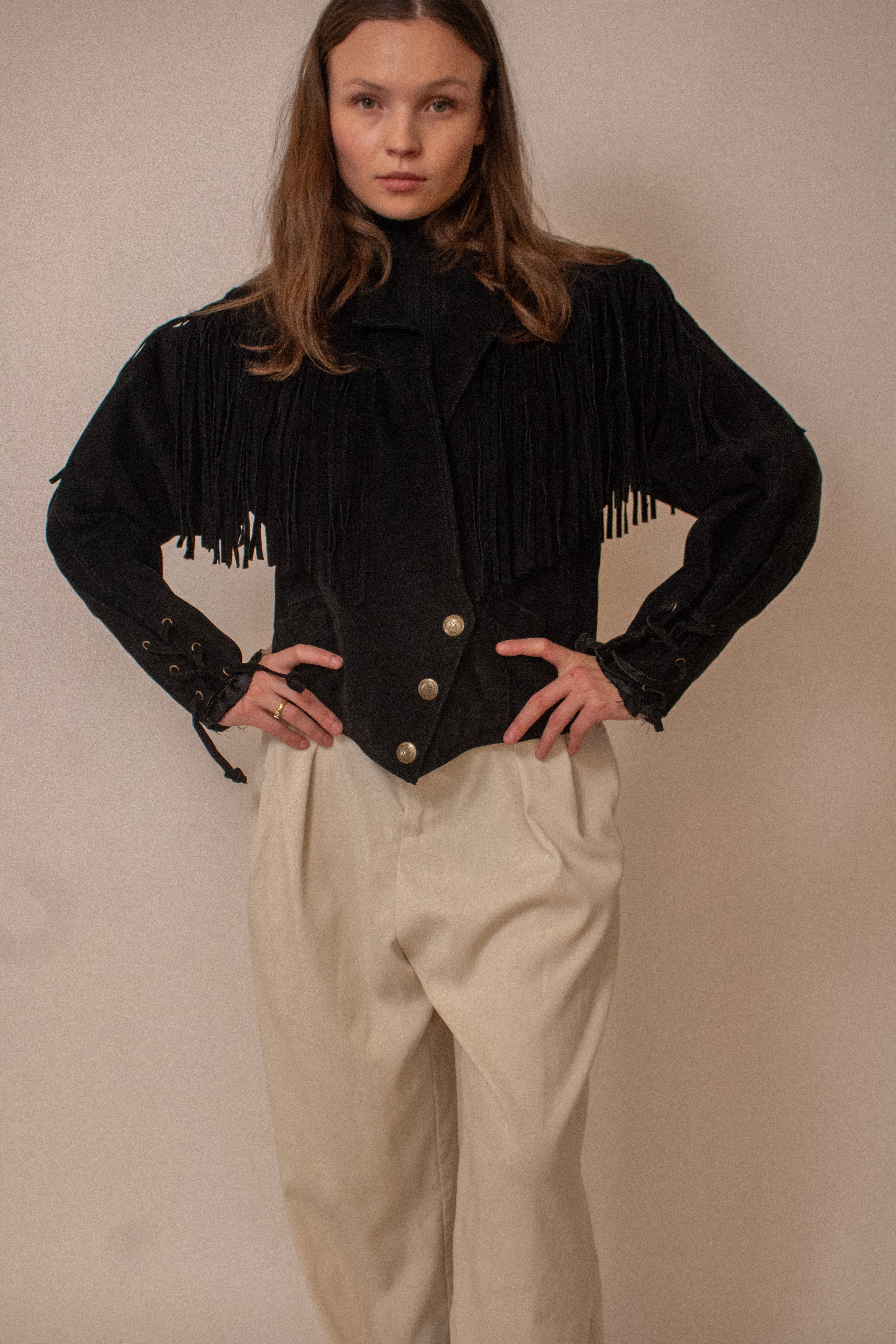 Black cropped suede fringe jacket