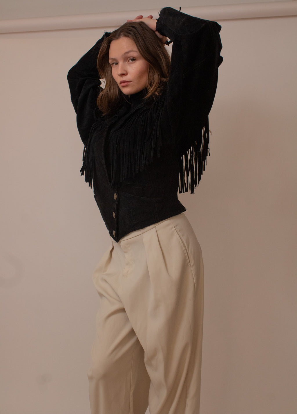 Black cropped suede fringe jacket