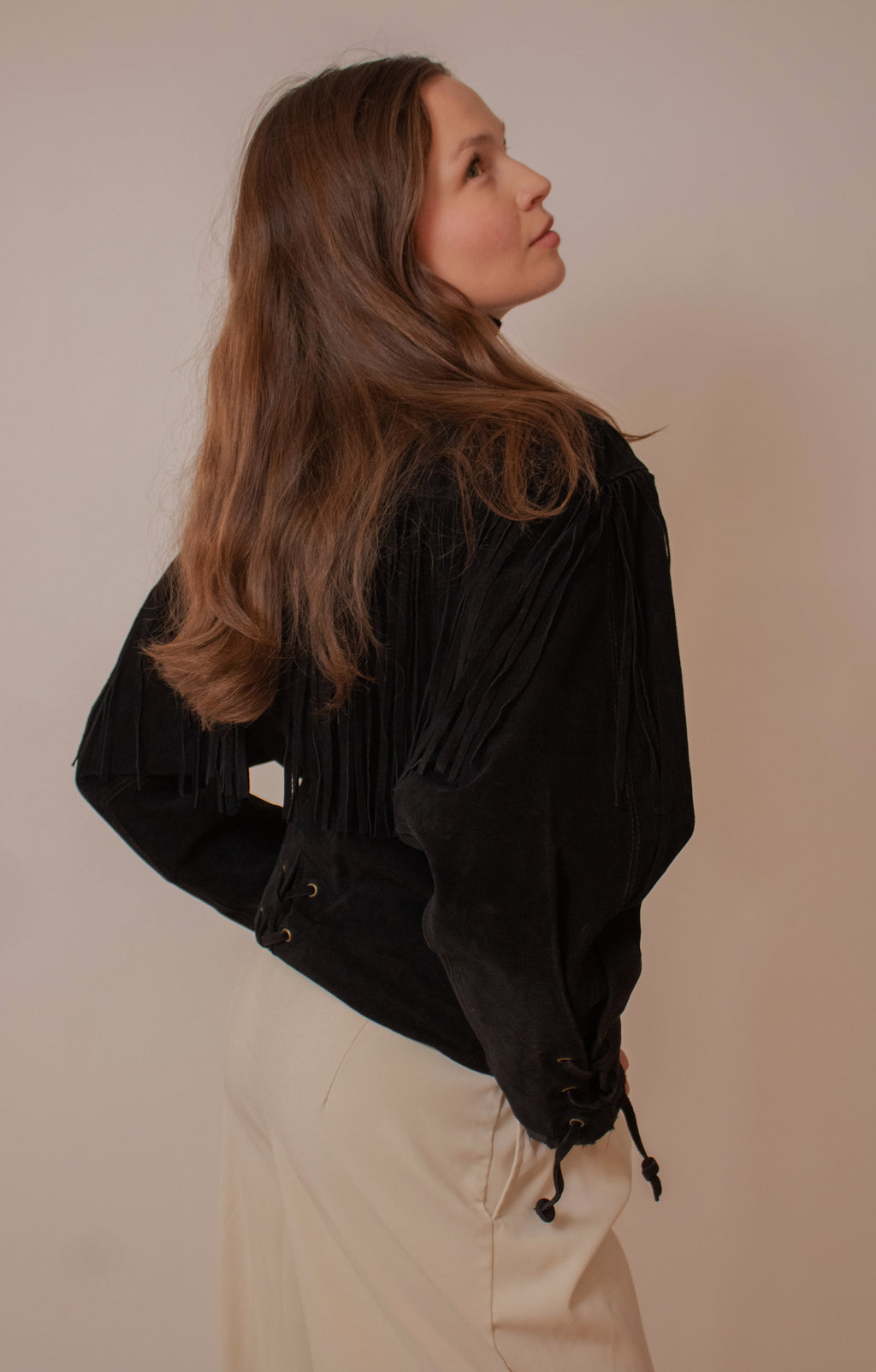 Black cropped suede fringe jacket