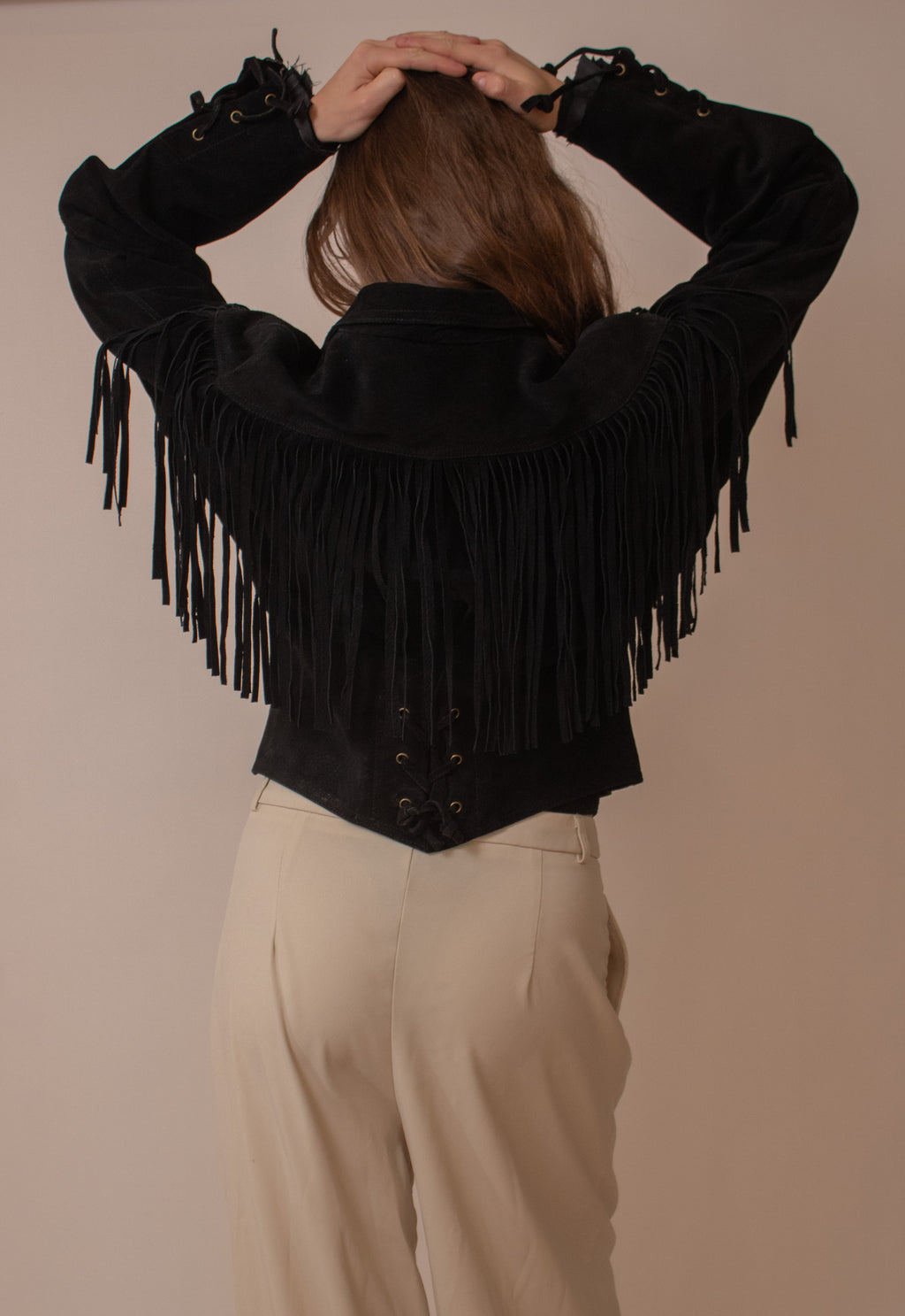 Black cropped suede fringe jacket