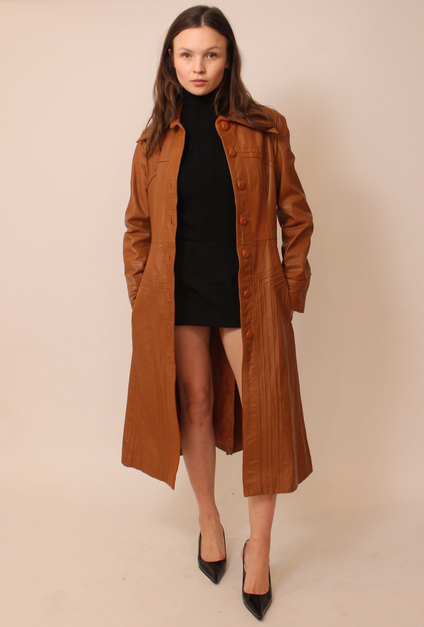 Rust orange belted leather trench coat