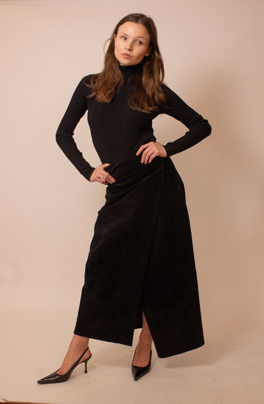 Black suede wrap maxi skirt