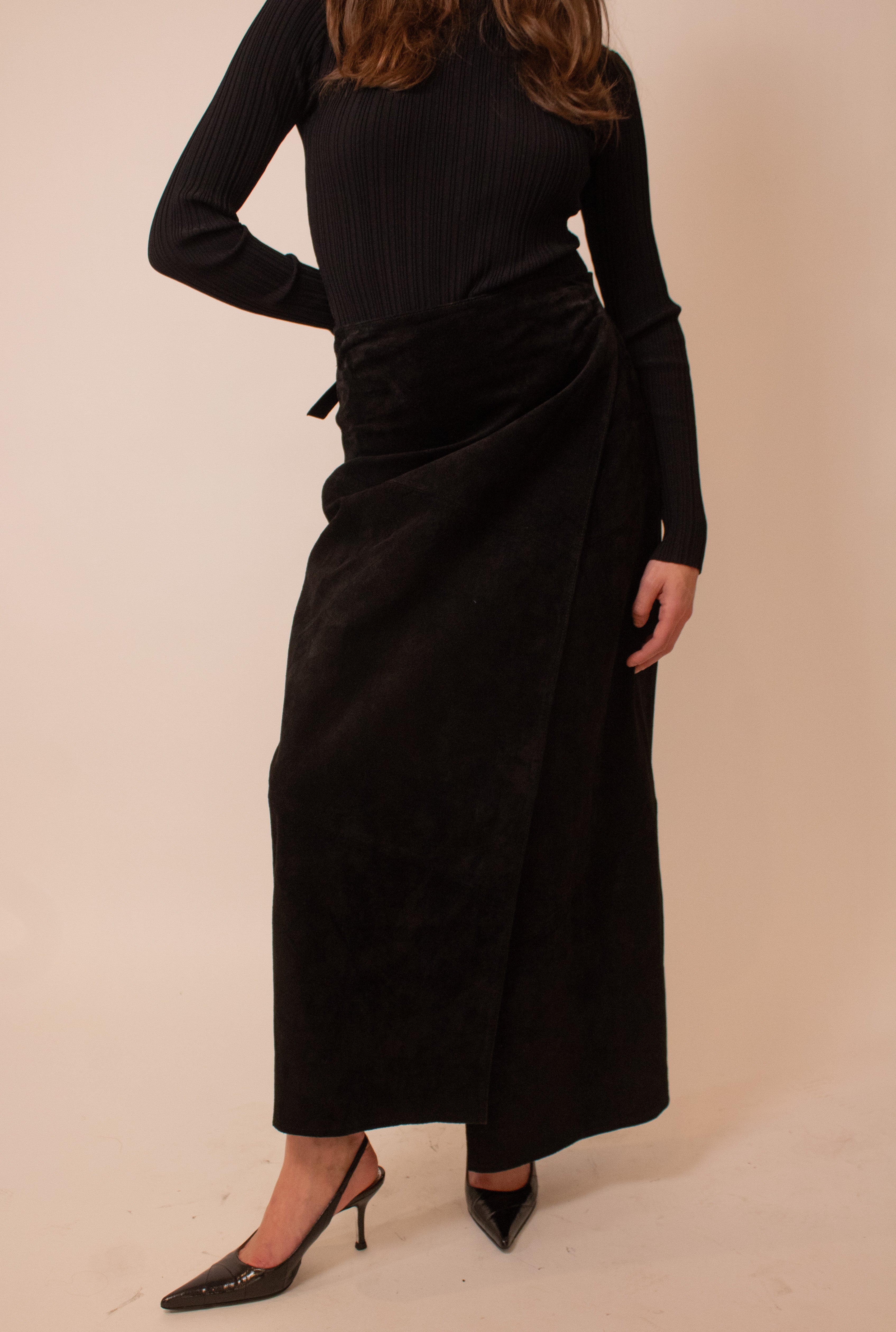Black suede wrap maxi skirt
