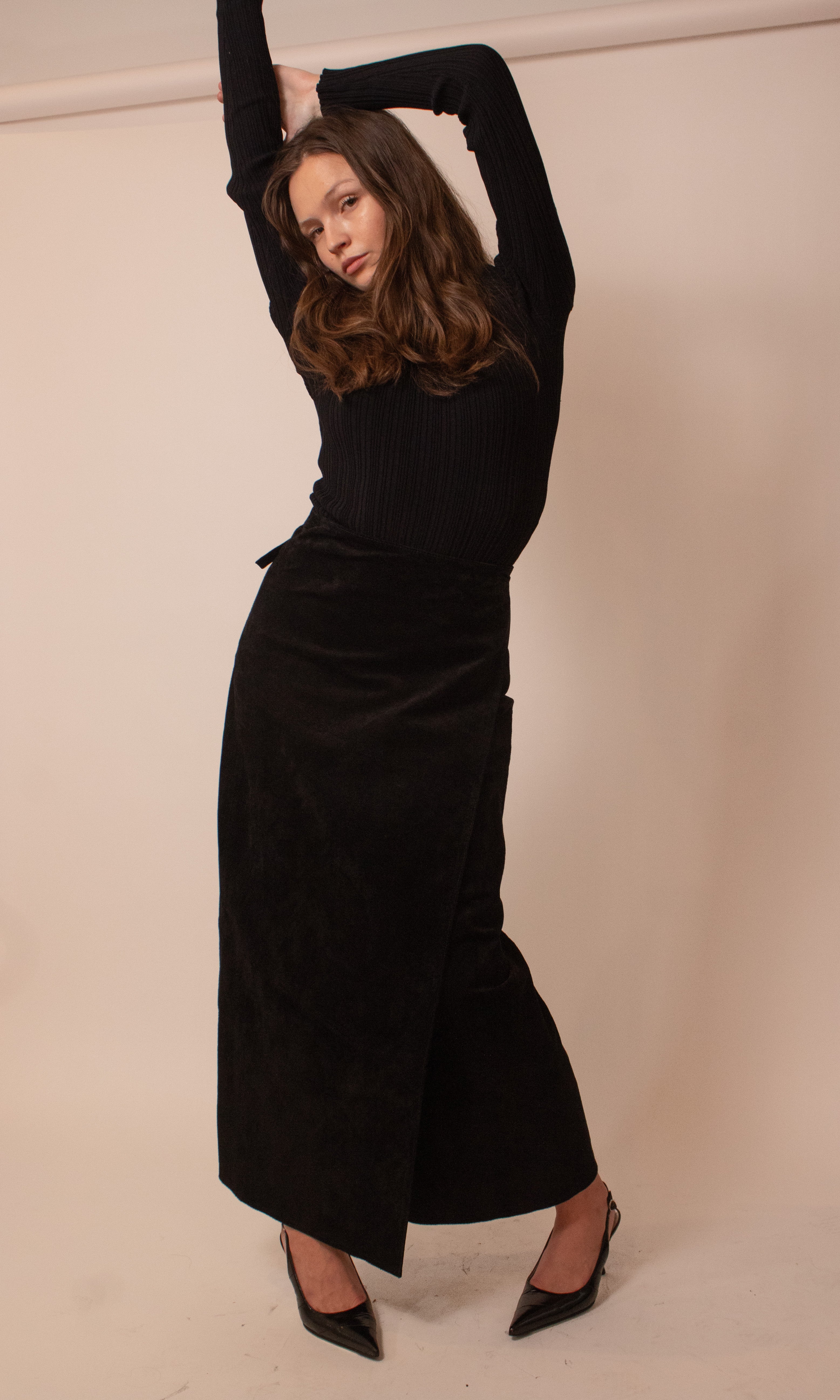 Black suede wrap maxi skirt
