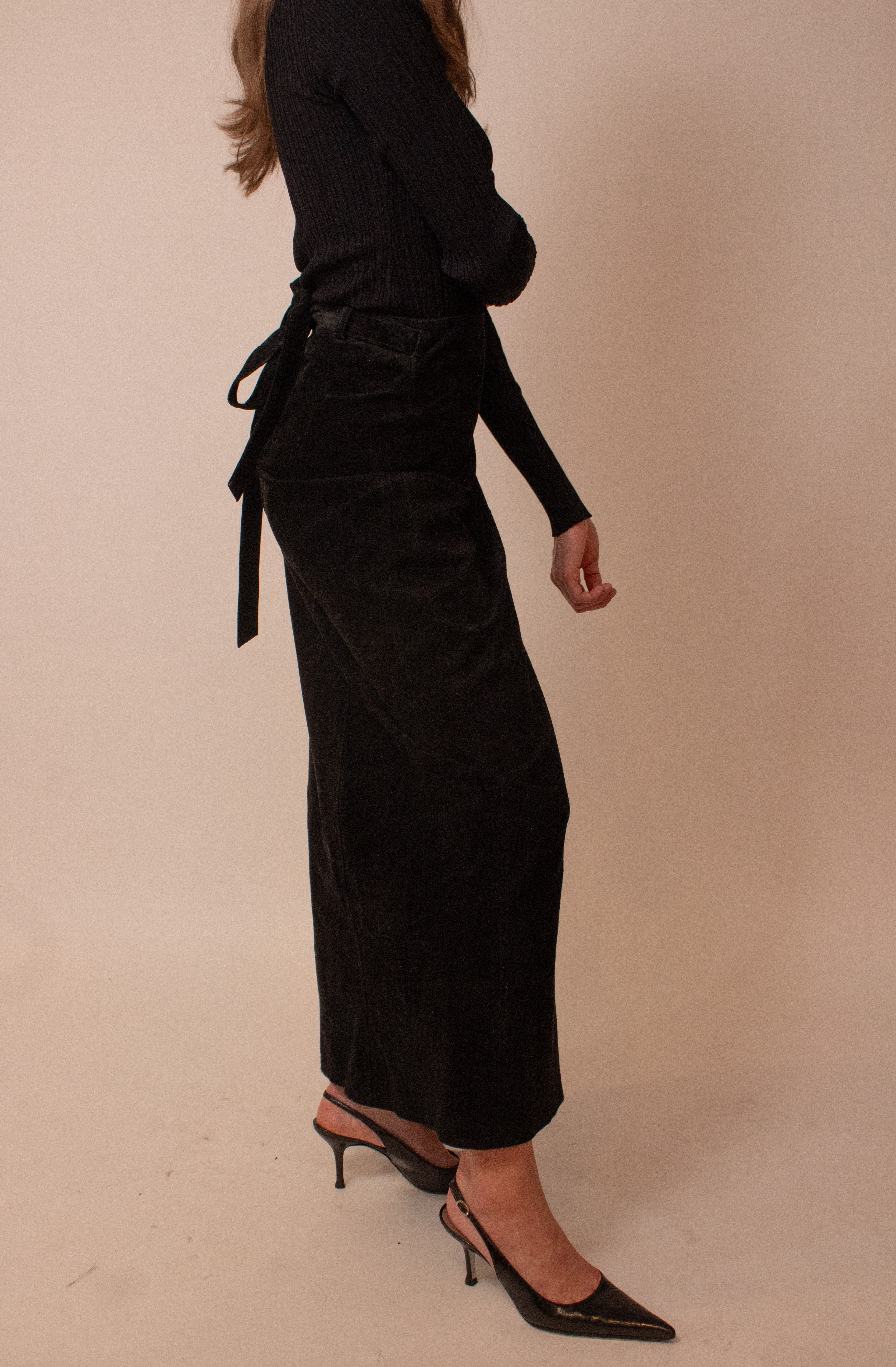 Black suede wrap maxi skirt