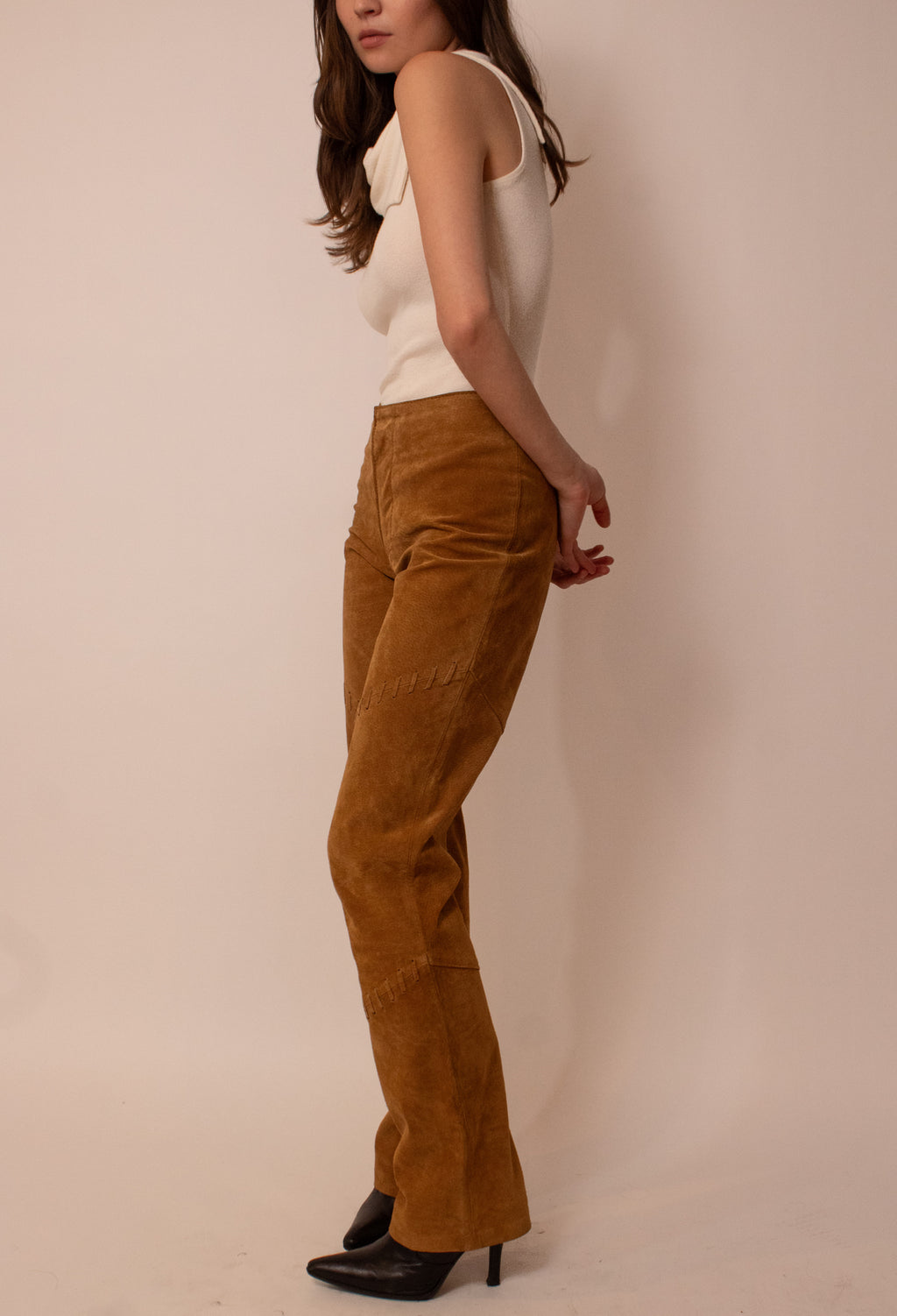 Copper lace detailed suede pants