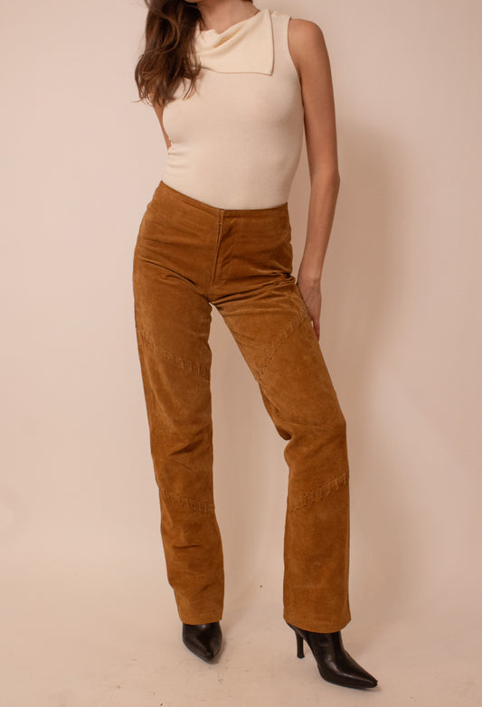Tan lace detailed suede pants