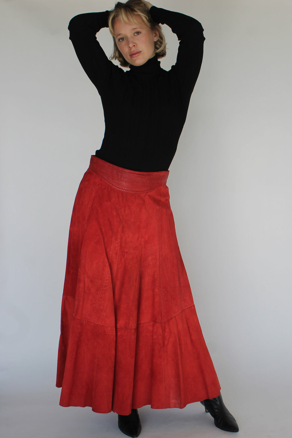 Red suede flared maxi skirt