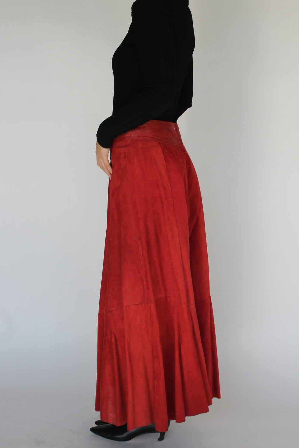 Red suede flared maxi skirt