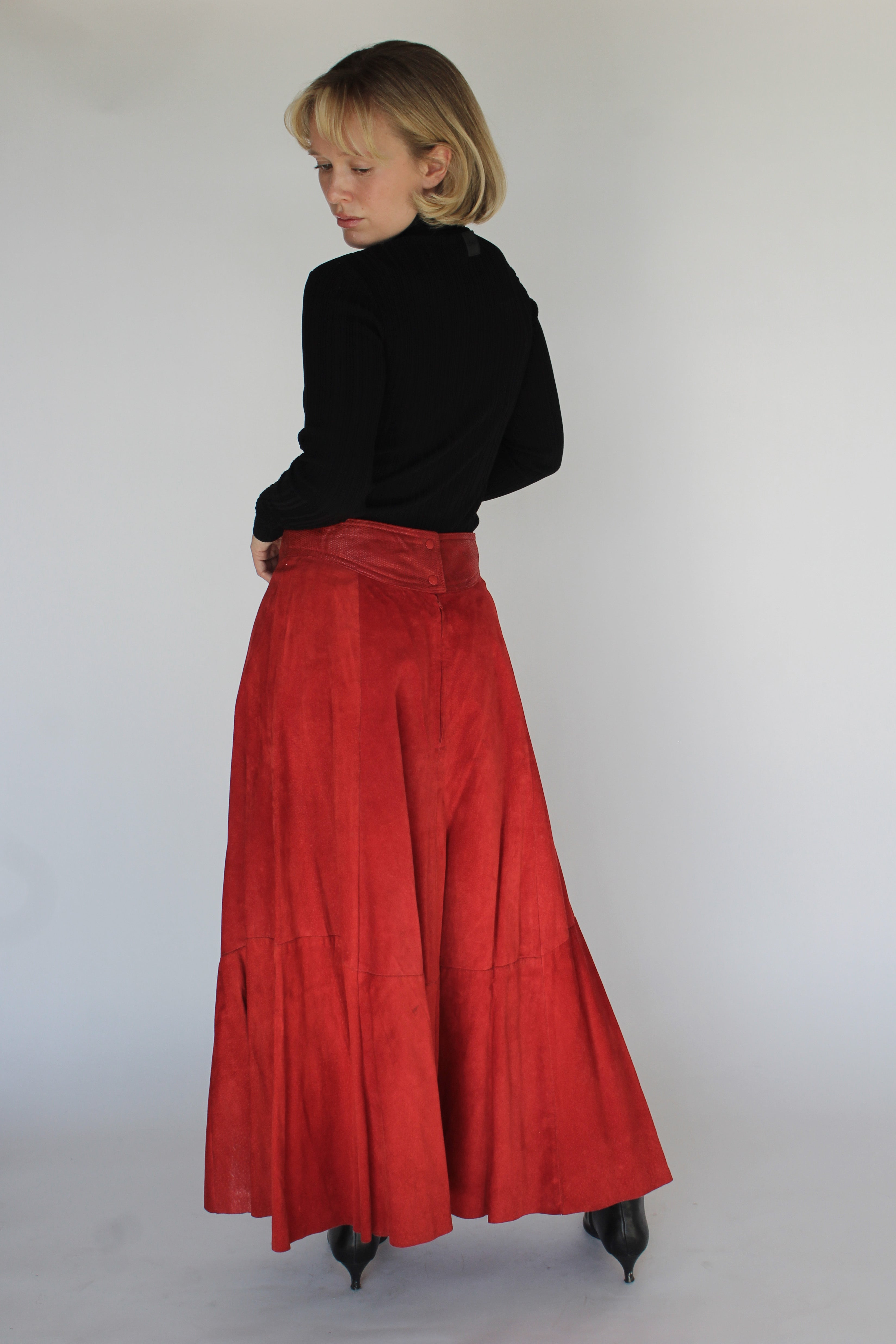 Red suede flared maxi skirt