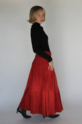 Red suede flared maxi skirt