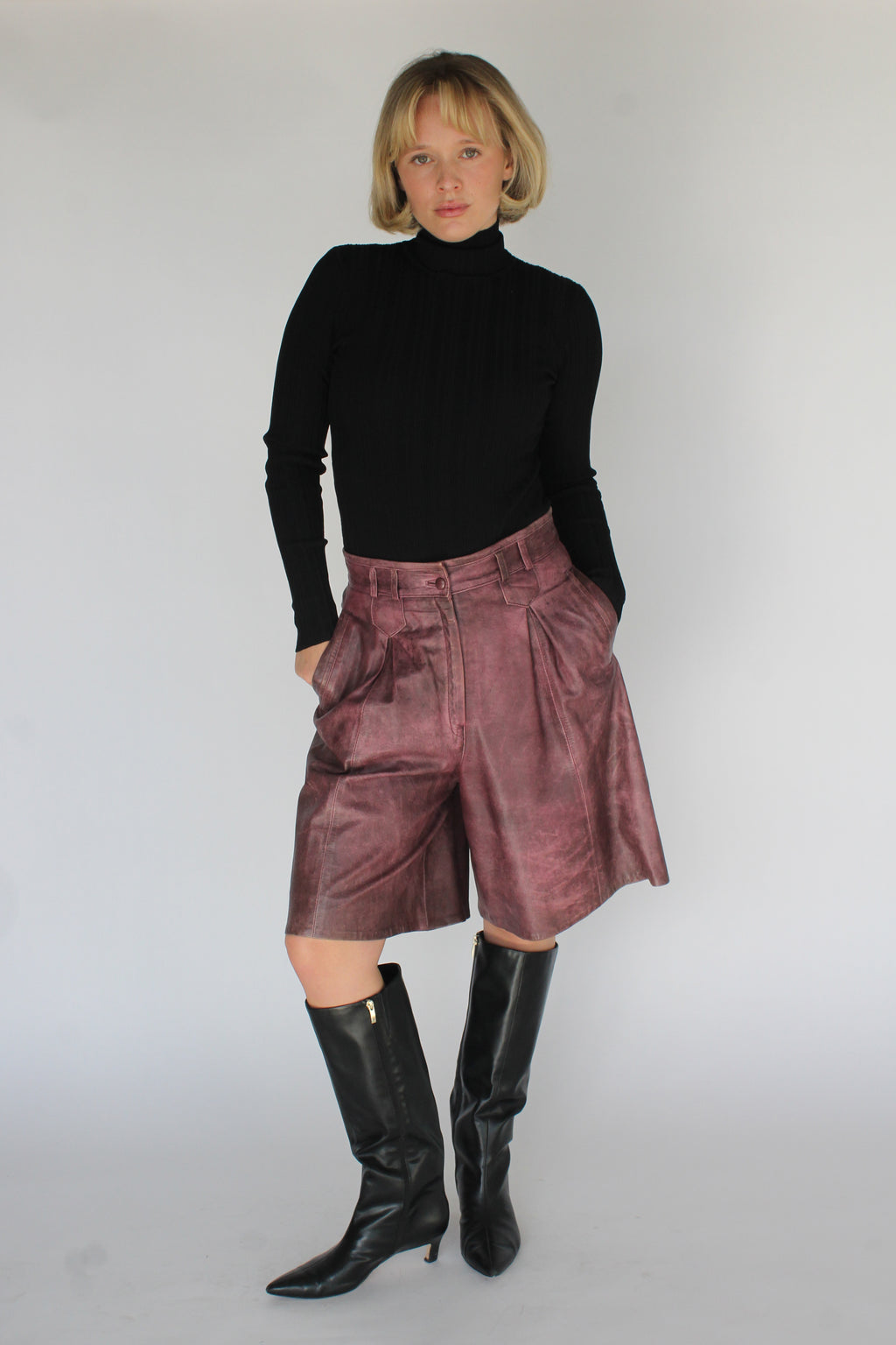 Plum washed leather pleated trouser shorts