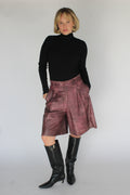 Plum washed leather pleated trouser shorts