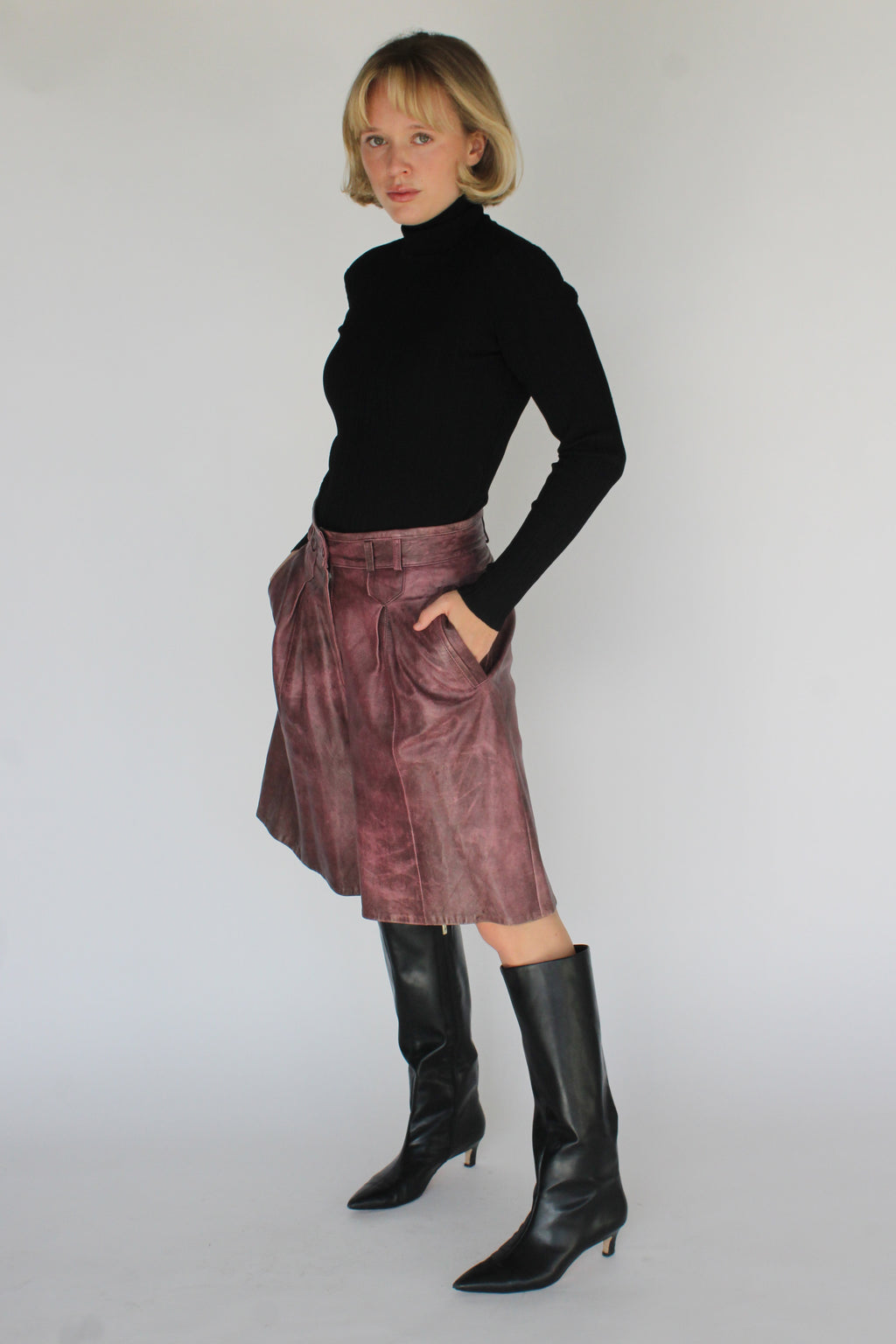 Plum washed leather pleated trouser shorts