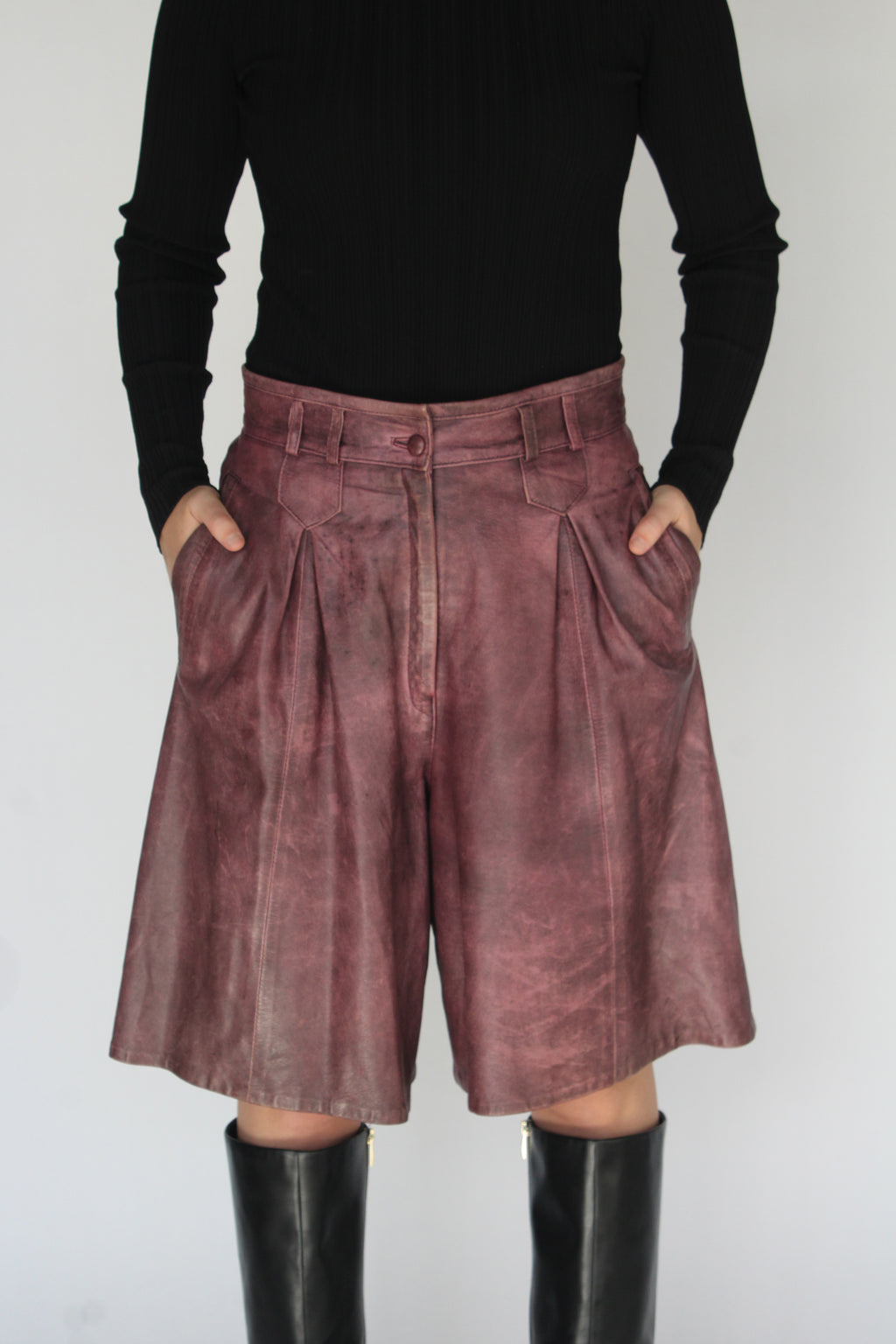 Plum washed leather pleated trouser shorts
