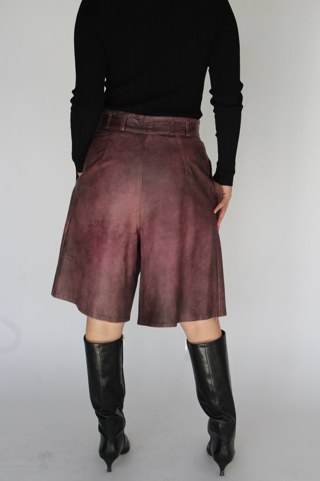 Plum washed leather pleated trouser shorts