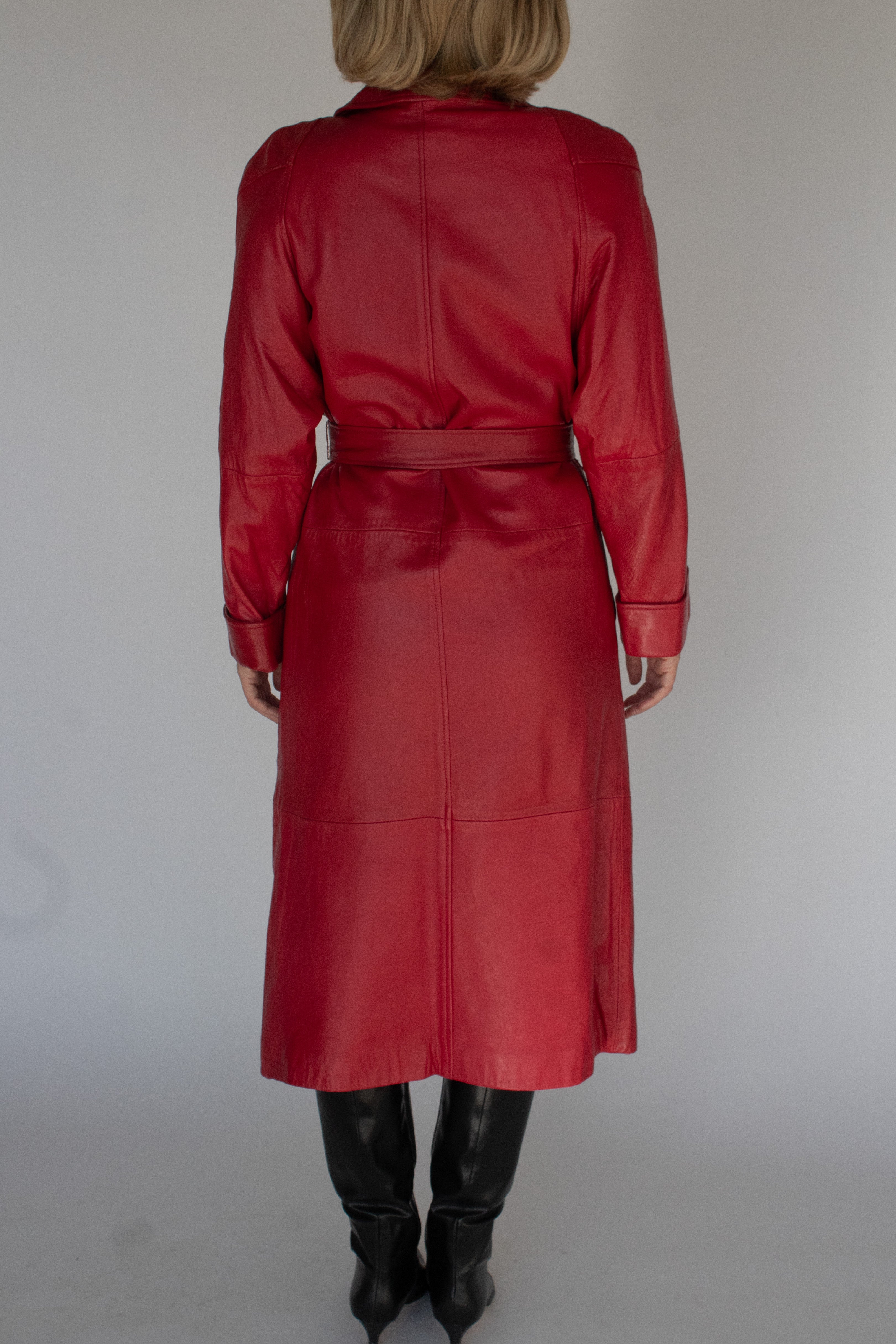 Cherry red belted leather trench coat
