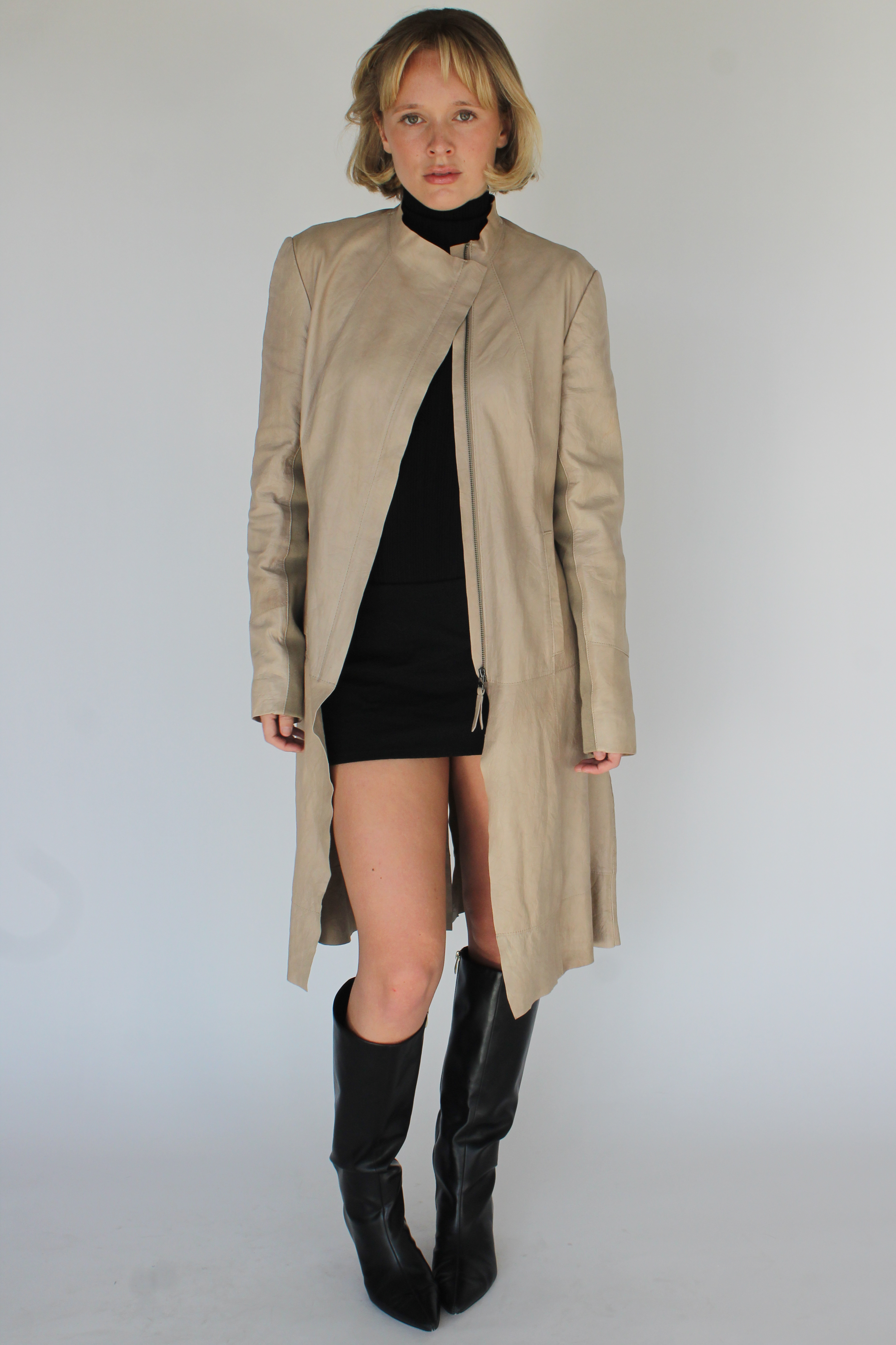Cream asymmetrical leather coat