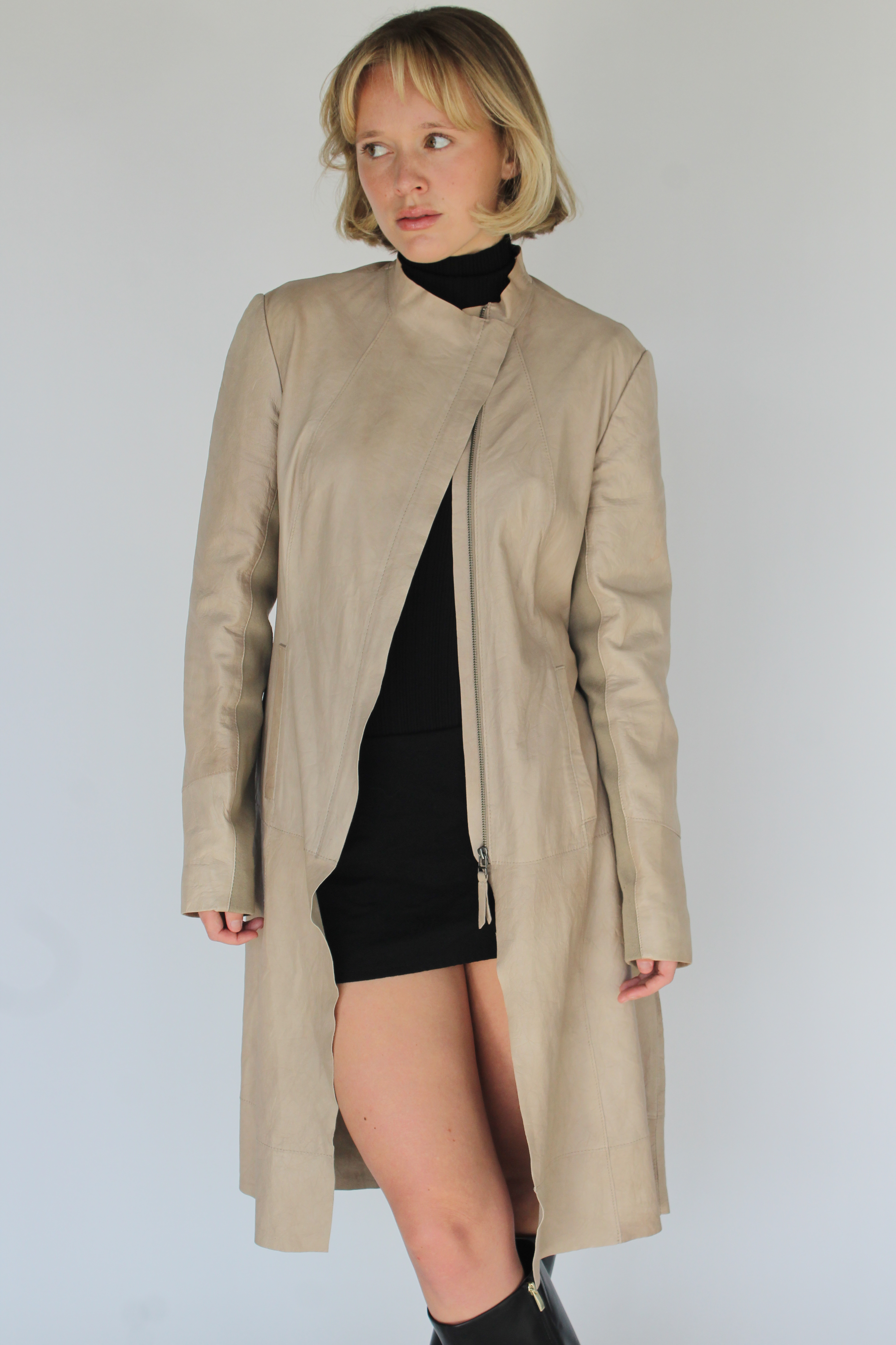 Cream asymmetrical leather coat