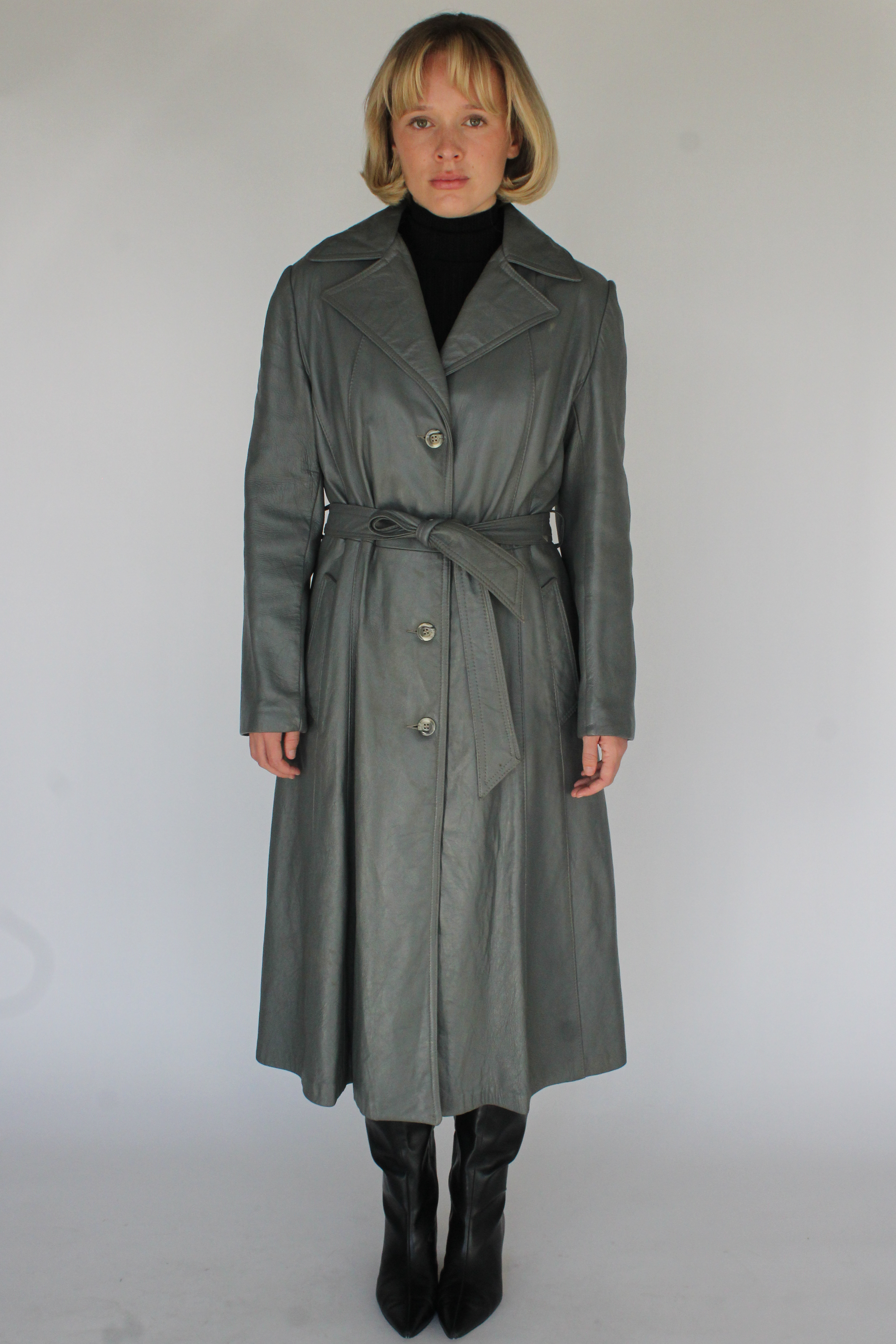 Ash grey belted leather trench coat