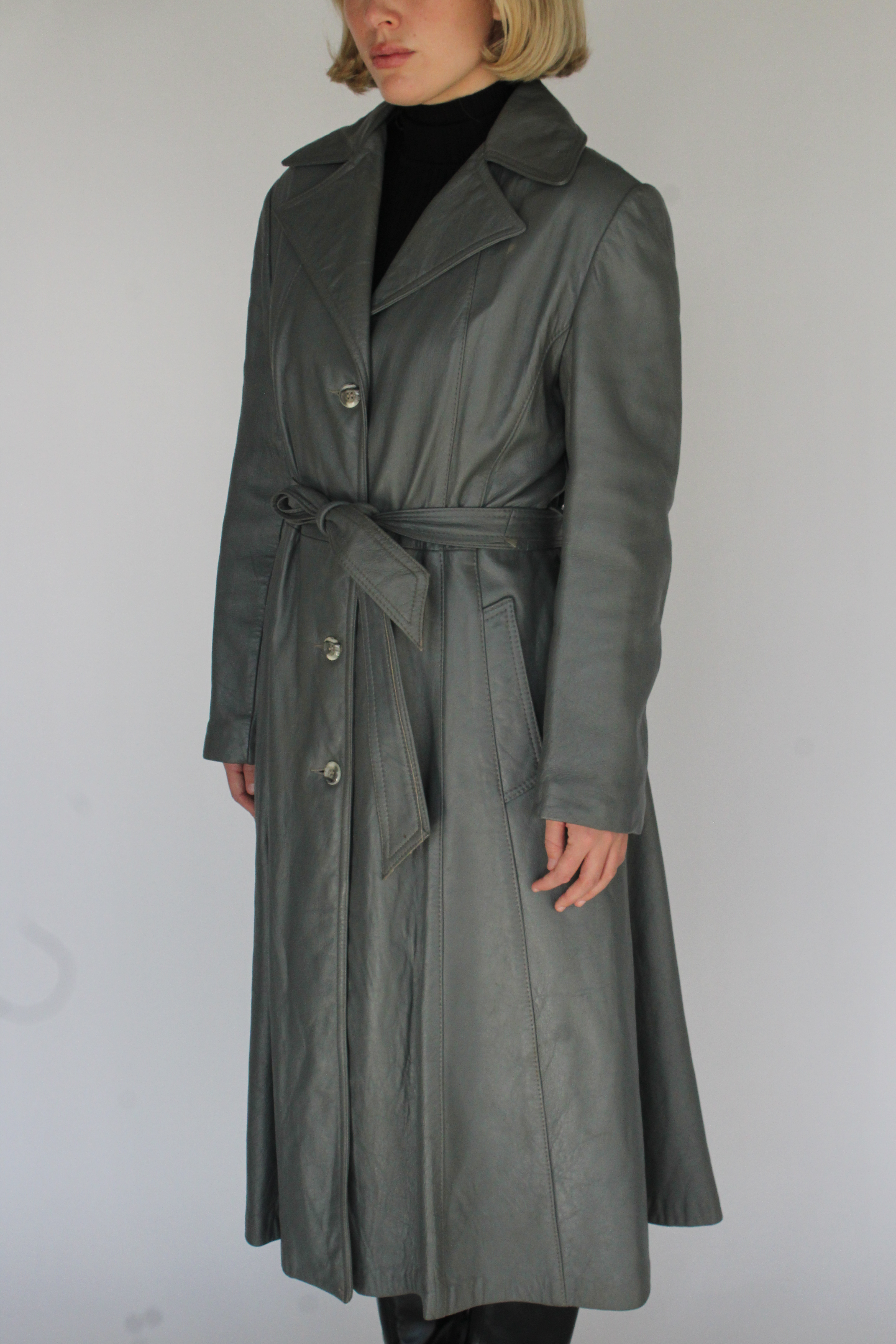 Ash grey belted leather trench coat