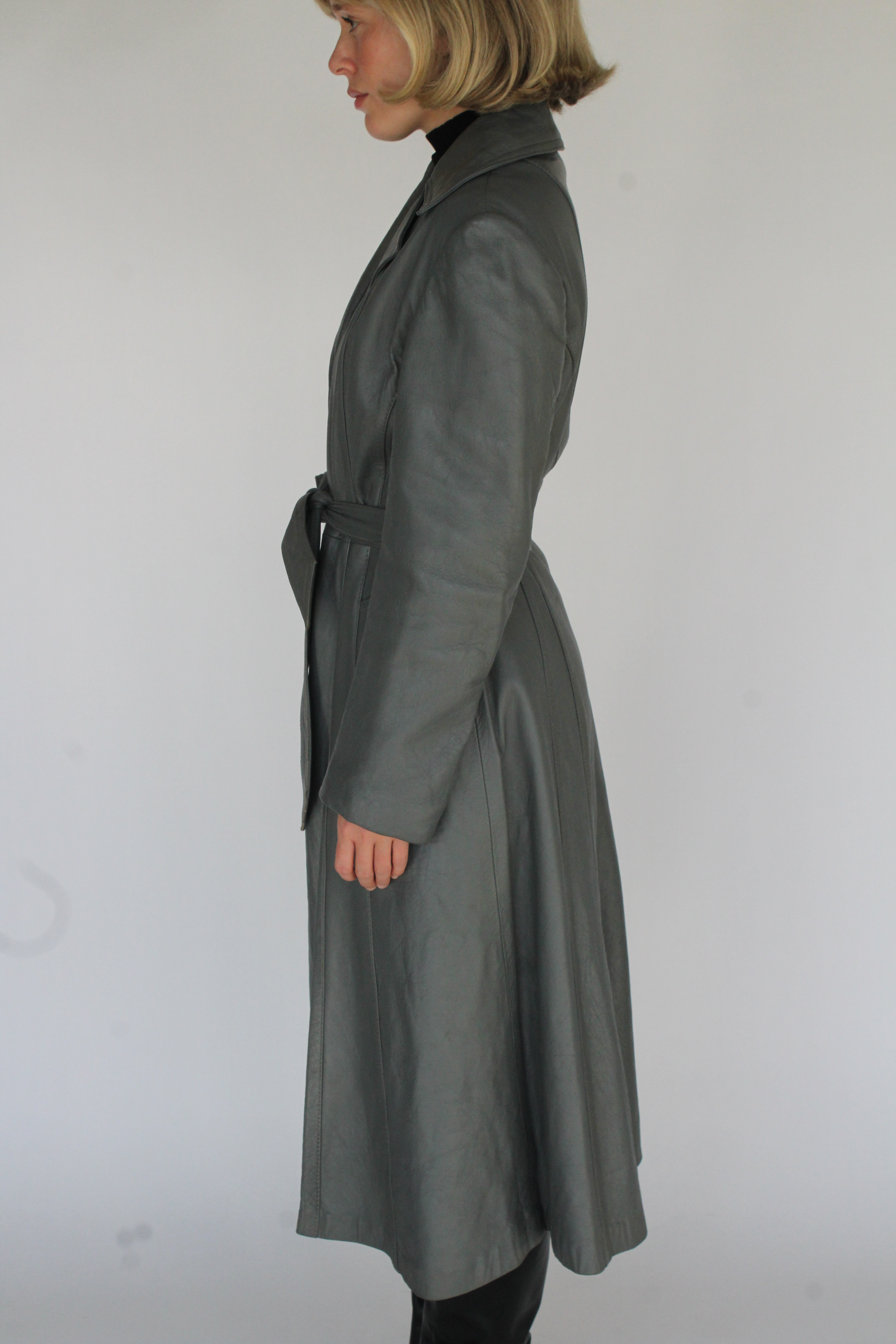 Ash grey belted leather trench coat