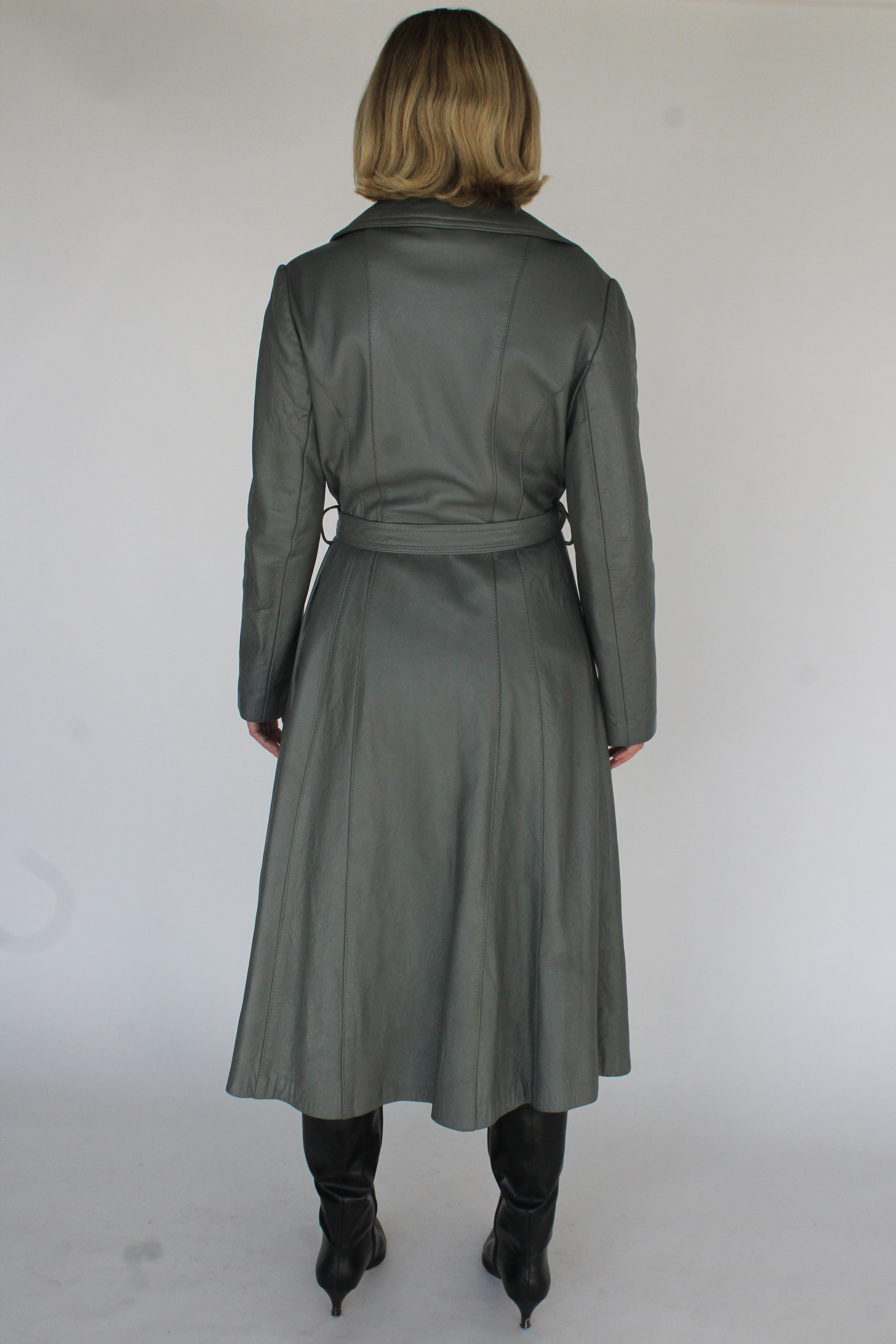 Ash grey belted leather trench coat