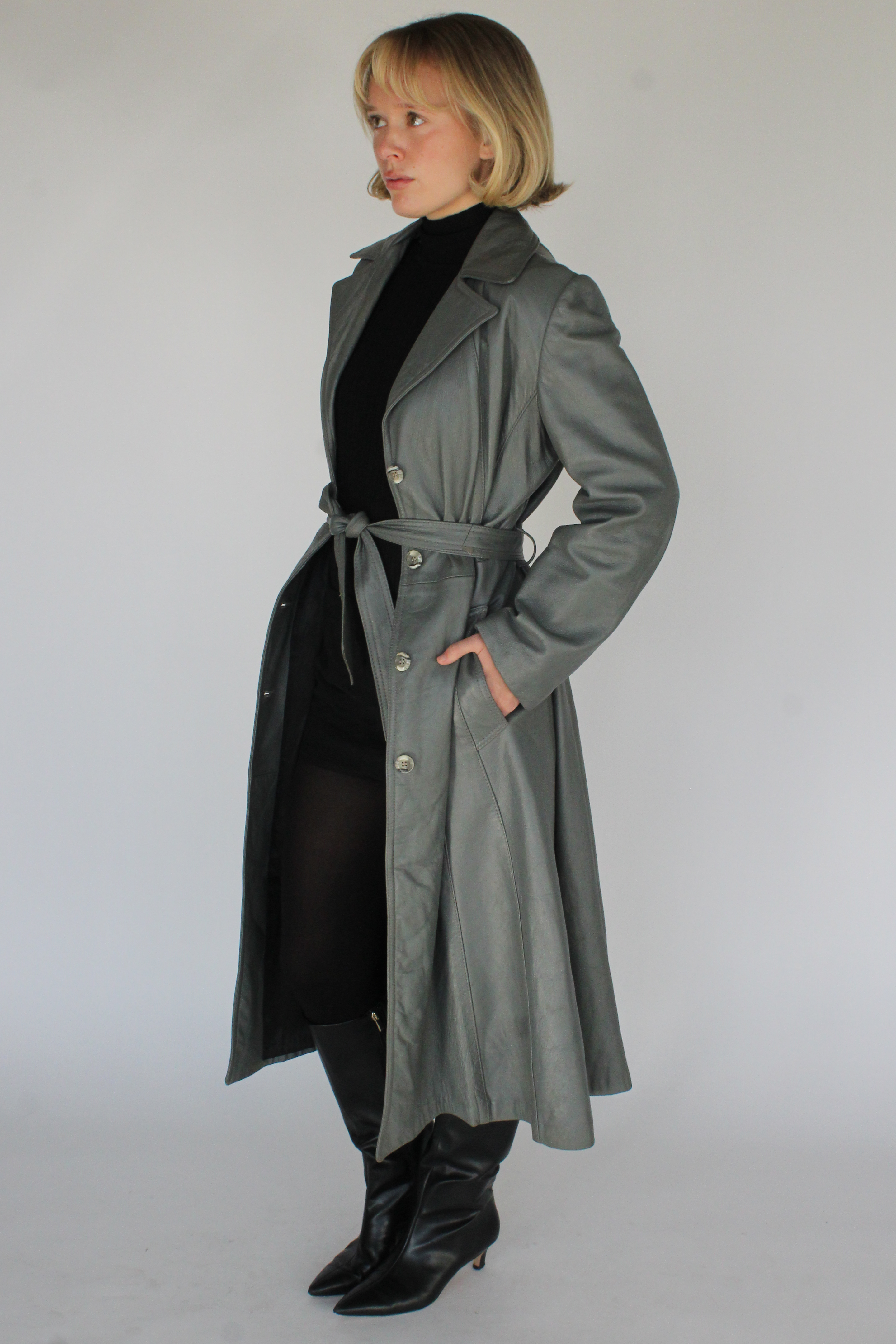 Ash grey belted leather trench coat