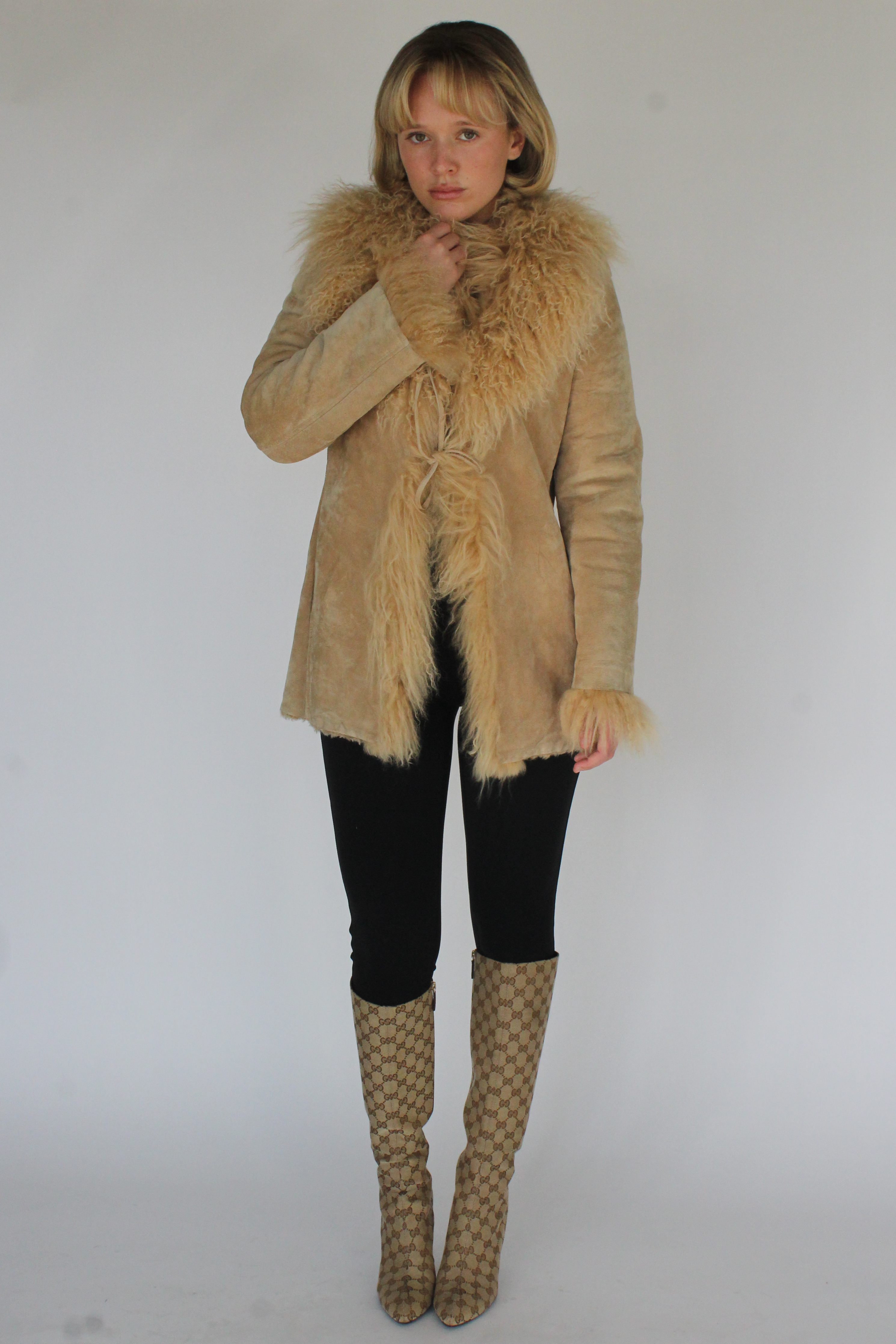 Penny lane mongolian fur suede coat