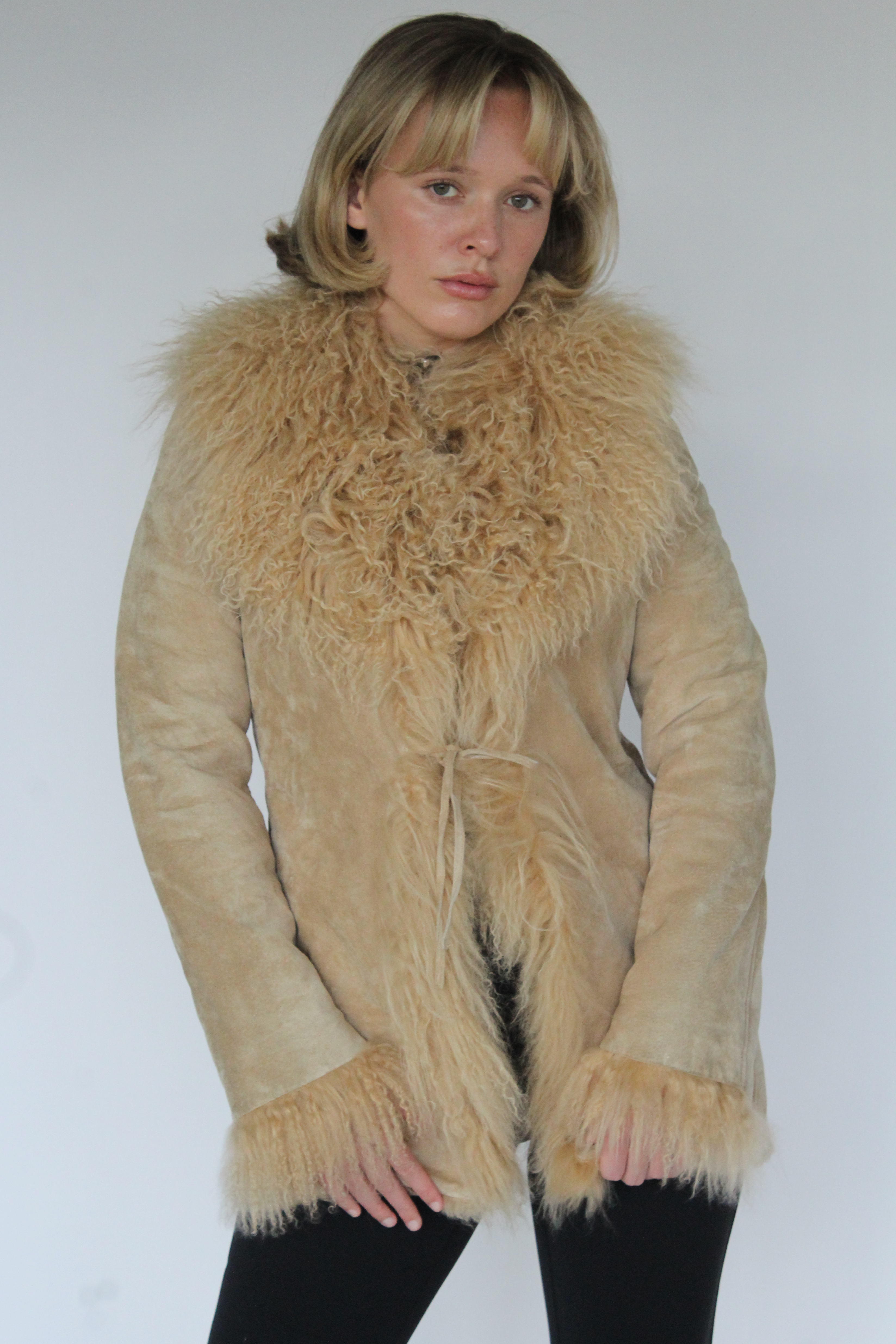 Penny lane mongolian fur suede coat