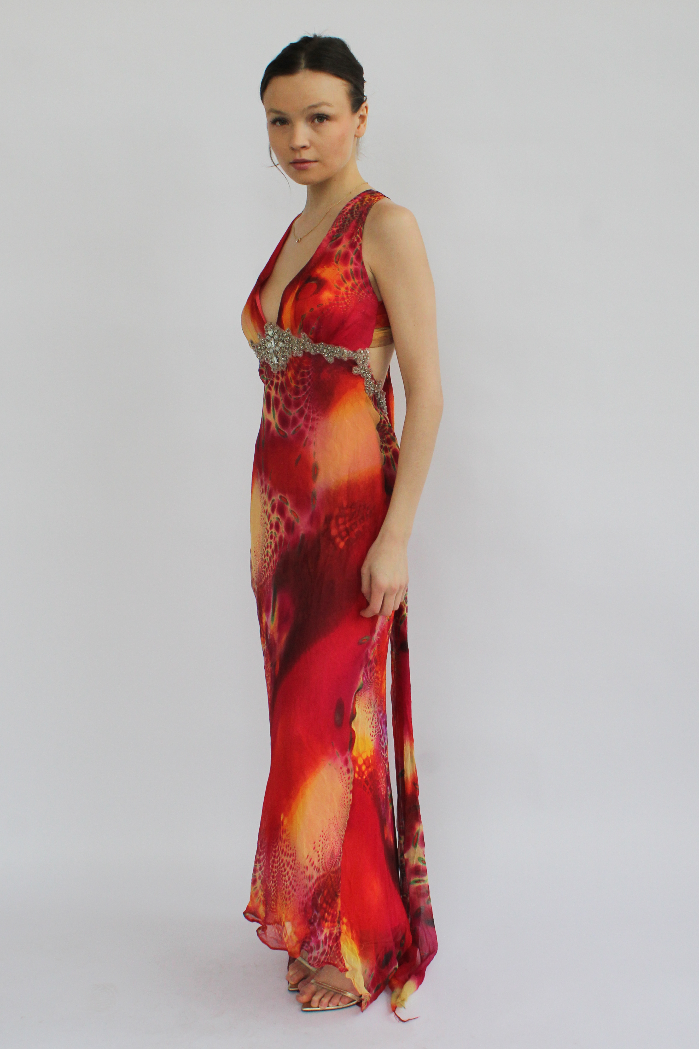 Multi-colored printed silk dress