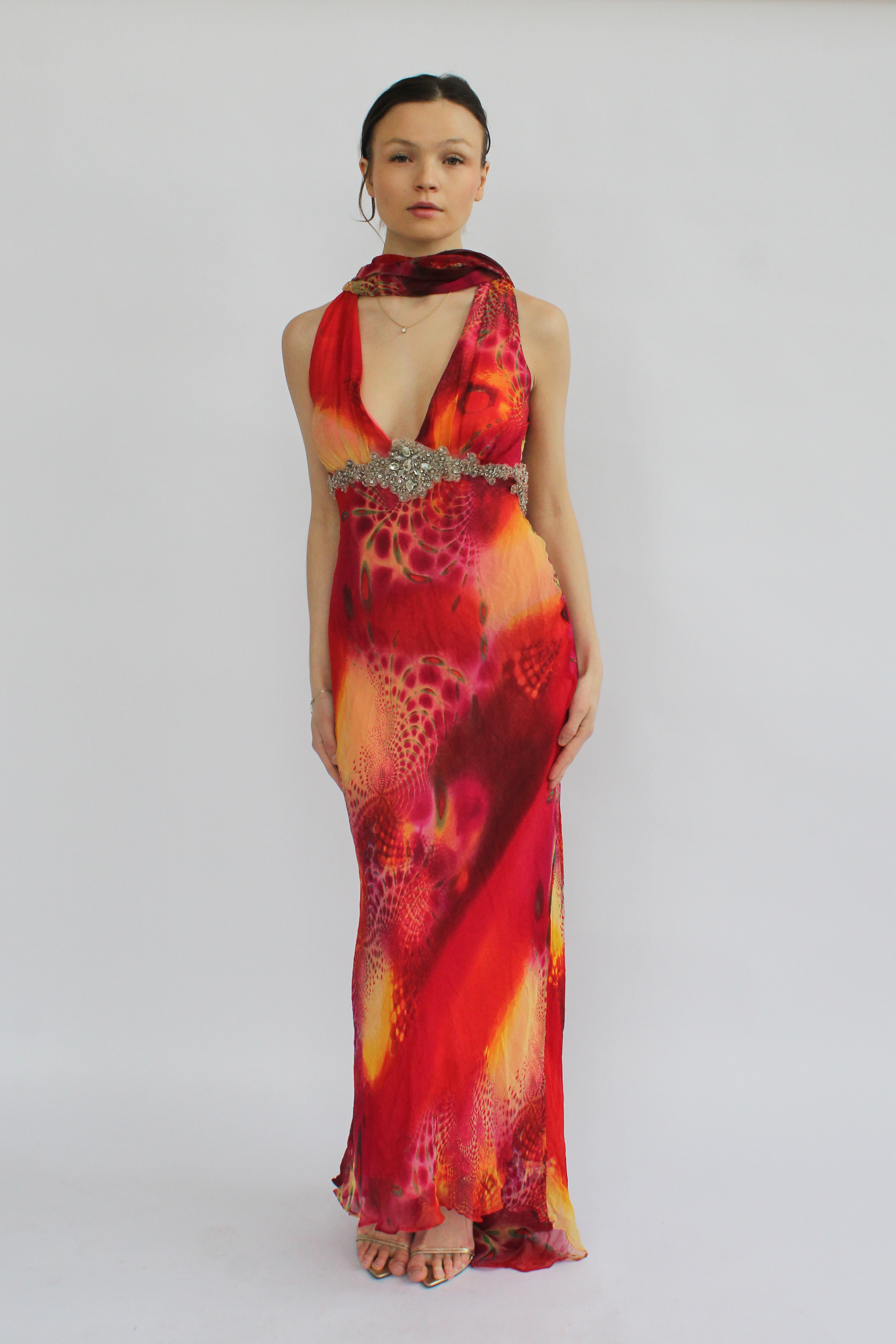 Multi-colored printed silk dress