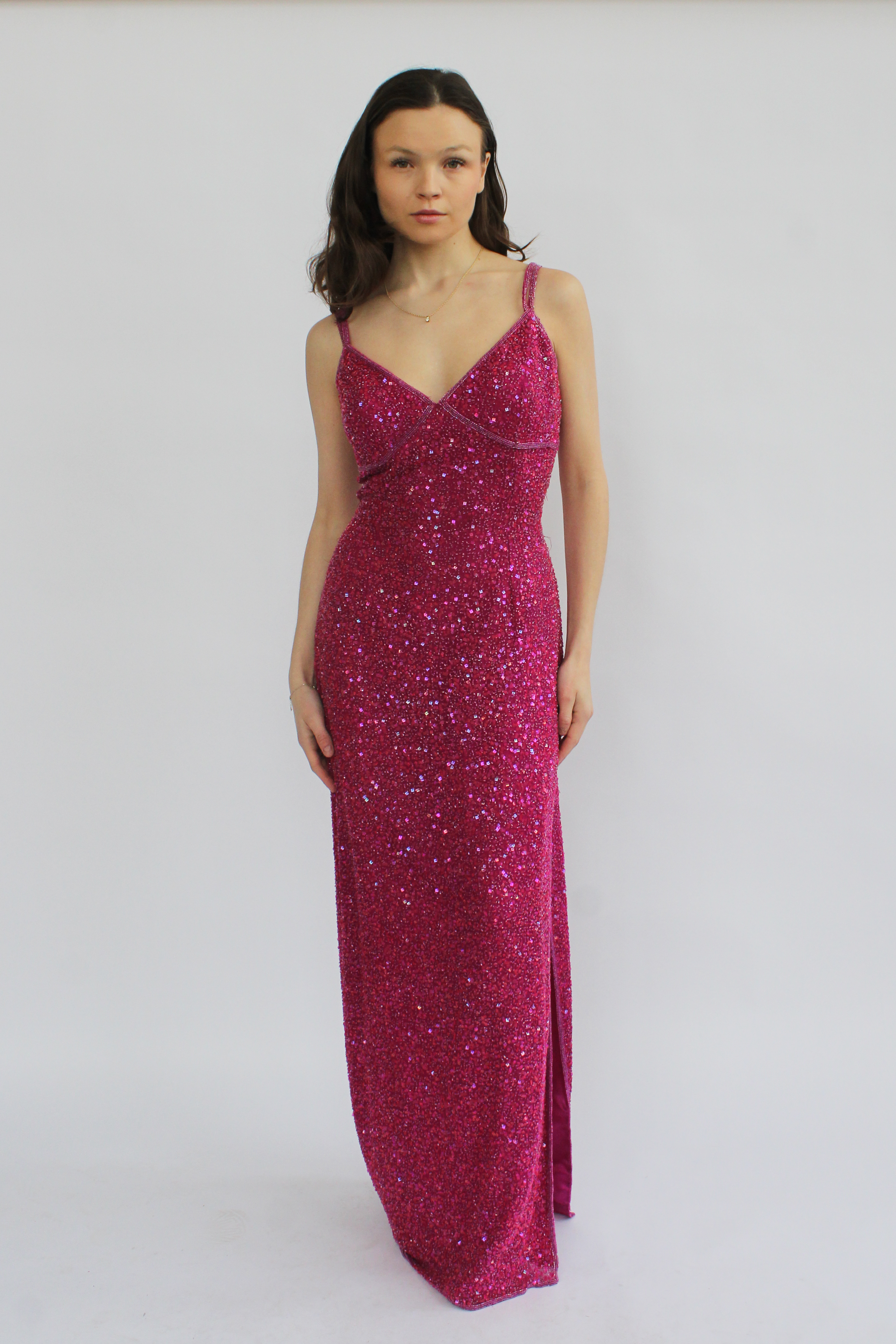 Fuscia beaded sequin gown