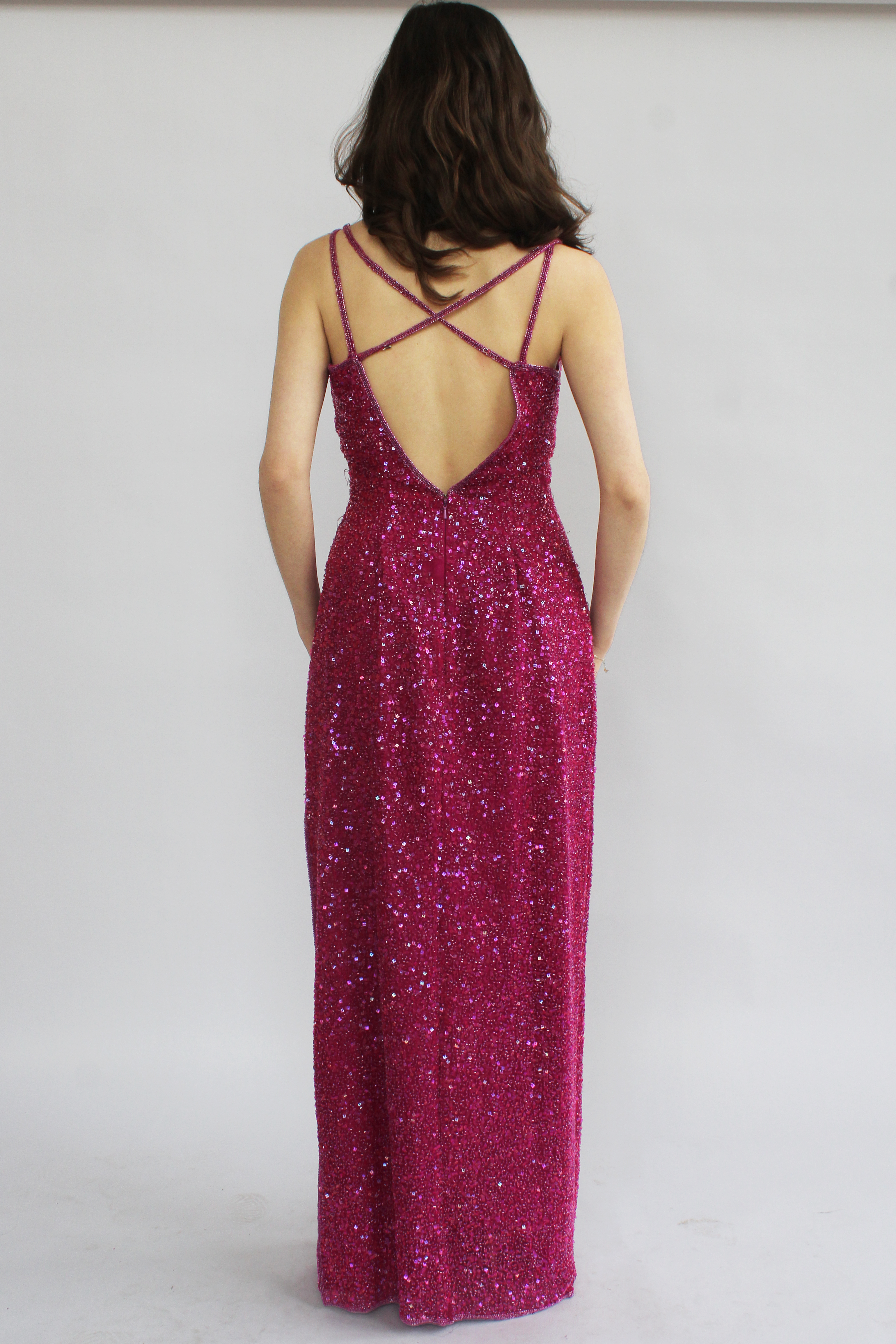 Fuscia beaded sequin gown